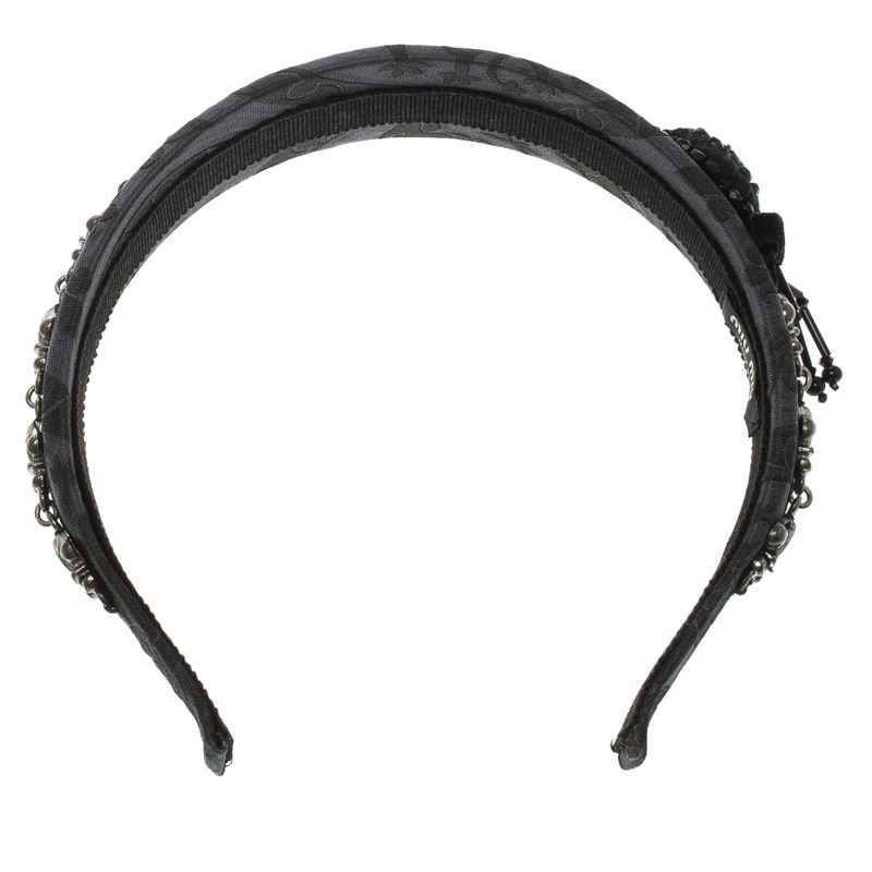 Miu Miu Navy Blue Jacquard Grifon Metal Embellished Headband