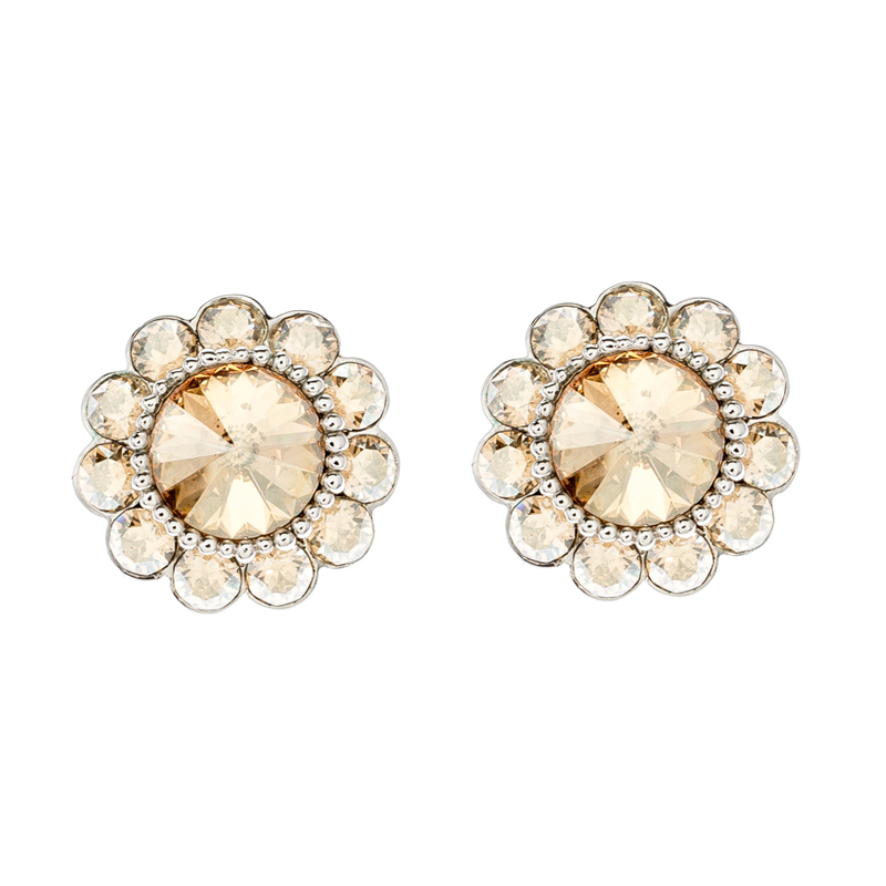 Miu Miu Brown Crystal Flower Silver Tone Clip-on Stud Earrings