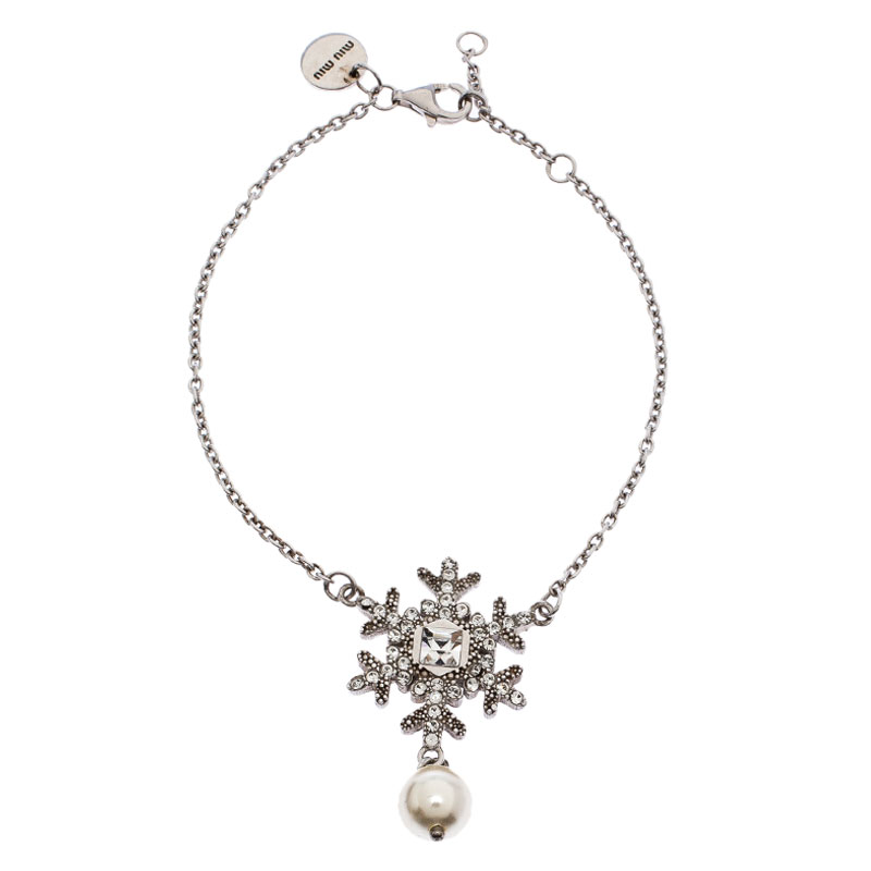 Miu Miu Silver 925 Snow Flake Crystal Embellished Drop Pearl Bracelet