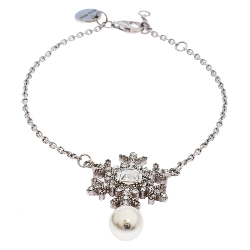 

Miu Miu Silver 925 Snow Flake Crystal Embellished Drop Pearl Bracelet