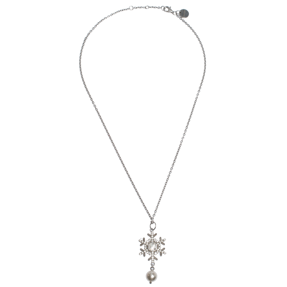 

Miu Miu Snow Flake Crystal Embellished Drop Faux Pearl Silver Pendant Necklace.