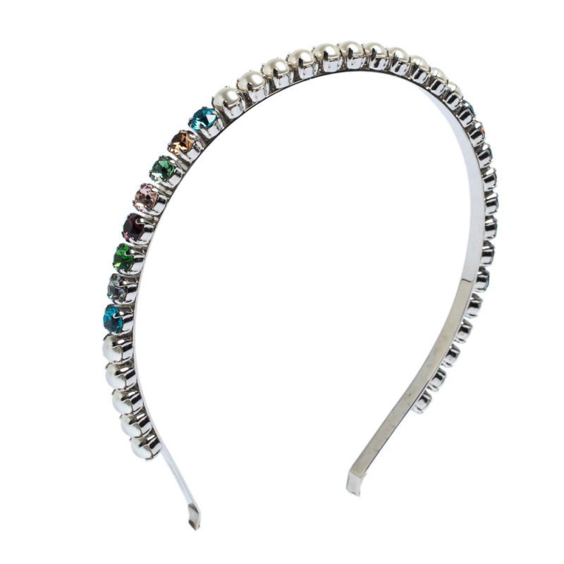 

Miu Miu Multicolor Crystal & Faux Pearl Embellished Silver Tone Headband