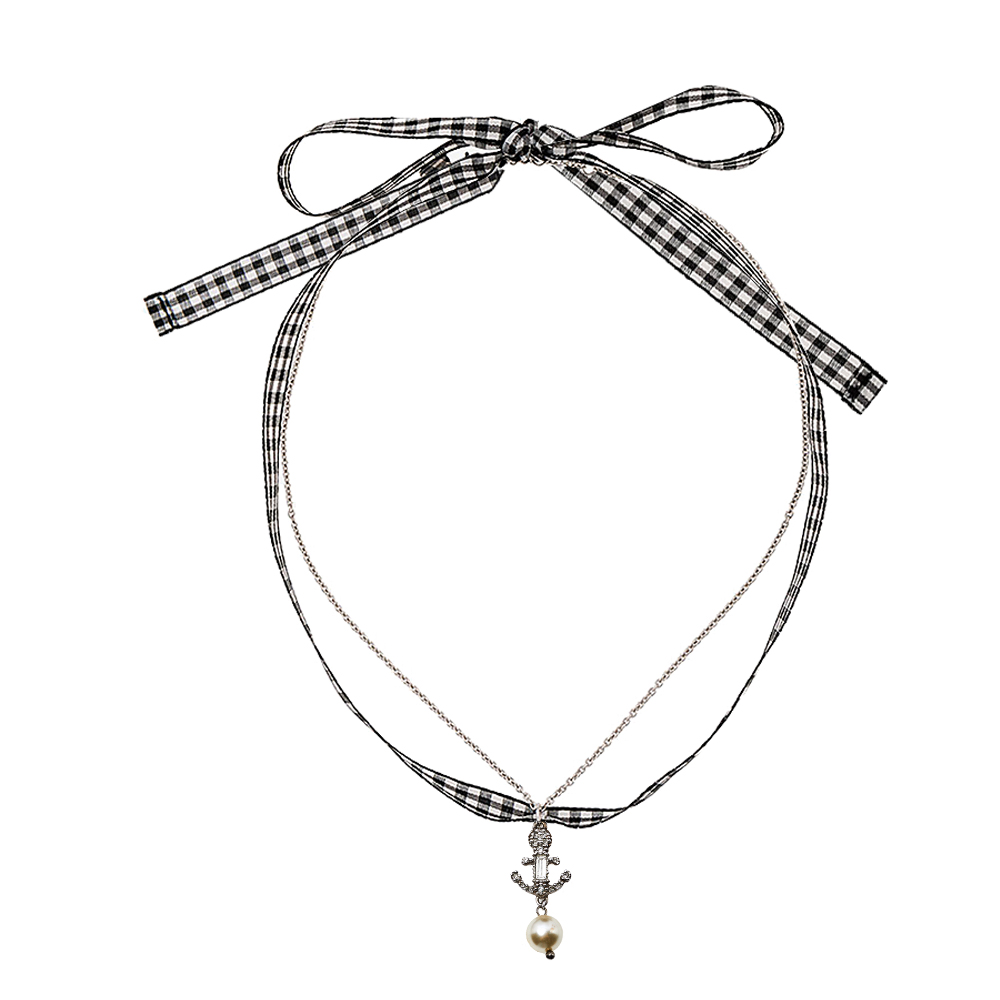 

Miu Miu Silver & Gingham Crystal Anchor Pendant Necklace, Black