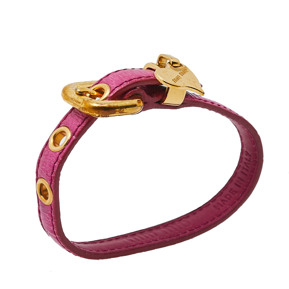 

Miu Miu Pink Leather Gold Tone Heart Charm Bracelet