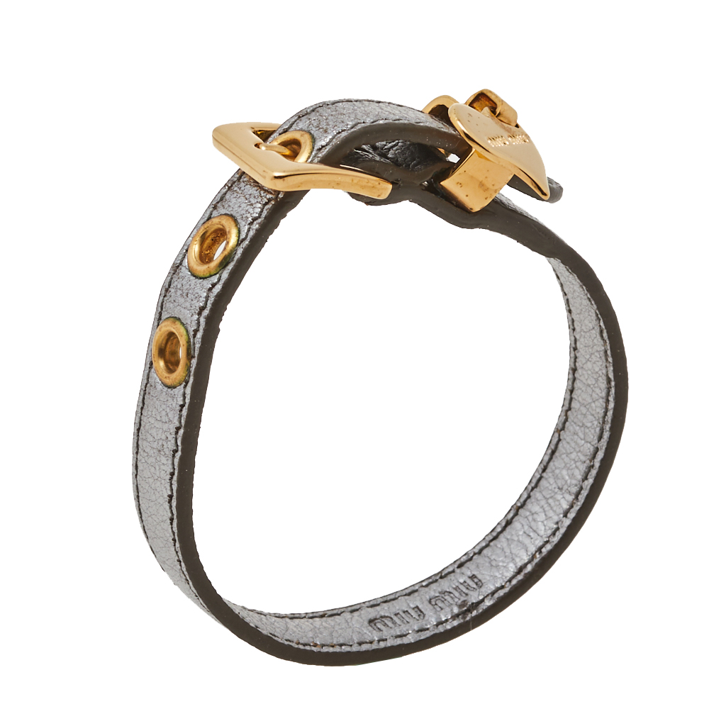 

Miu Miu Silver Leather Gold Tone Heart Charm Bracelet
