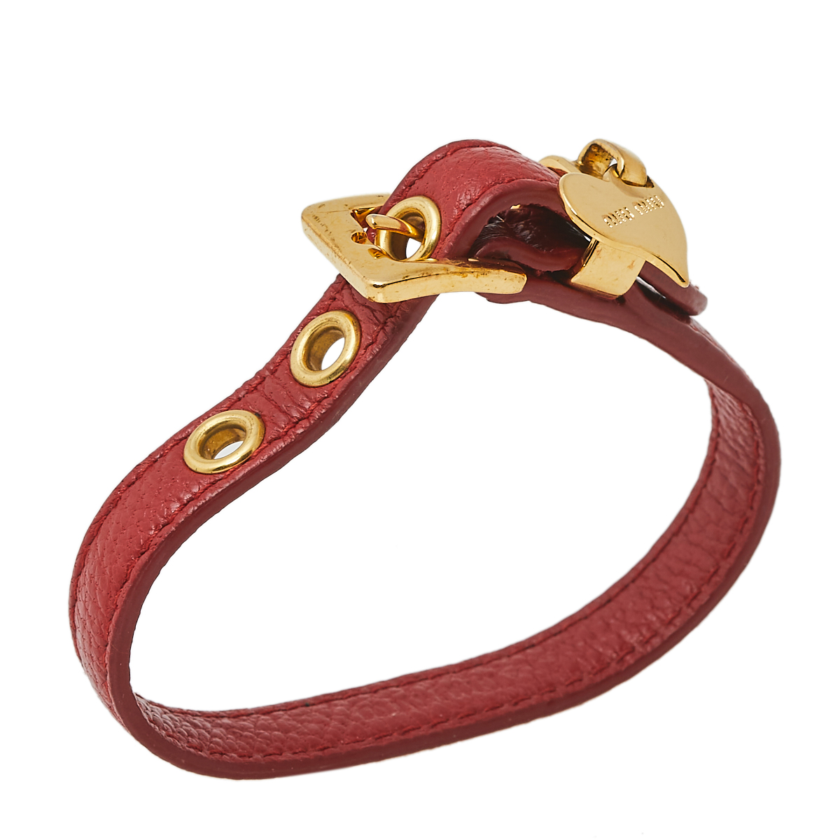 

Miu Miu Red Leather Gold Tone Heart Charm Bracelet