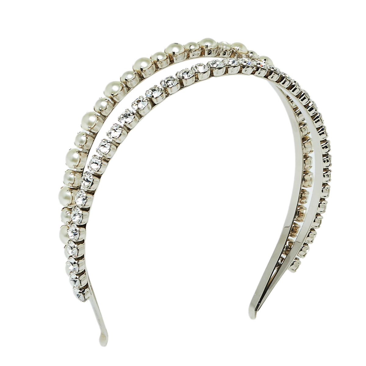 

Miu Miu Classic Faux Pearl and Crystal Double Headband, Silver