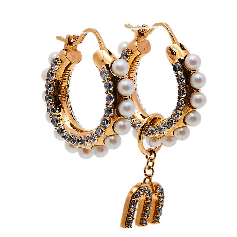 

Miu Miu Crystal Faux Pearl Gold Tone Pearl Asymmetric Hoop Earrings