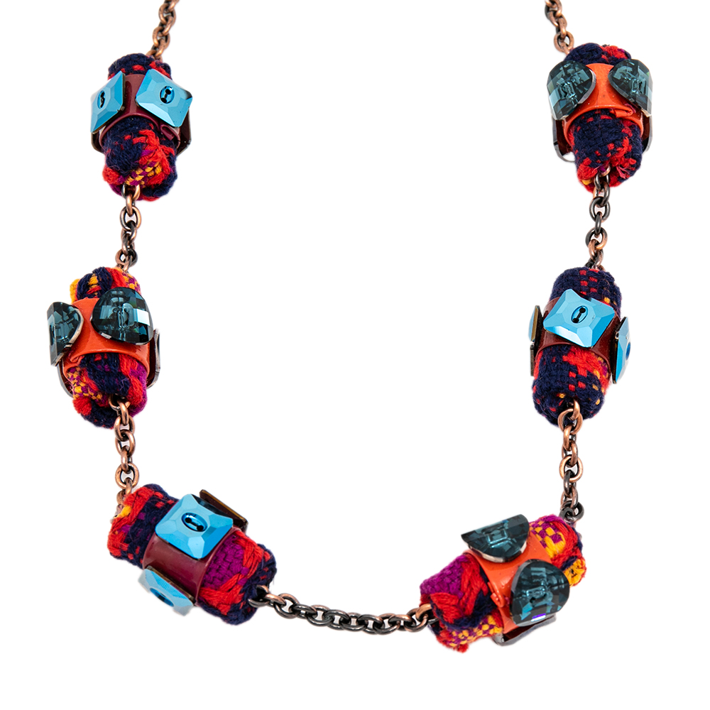 

Miu Miu Bronze Tone Crystal & Fabric Embellished Station Necklace, Multicolor