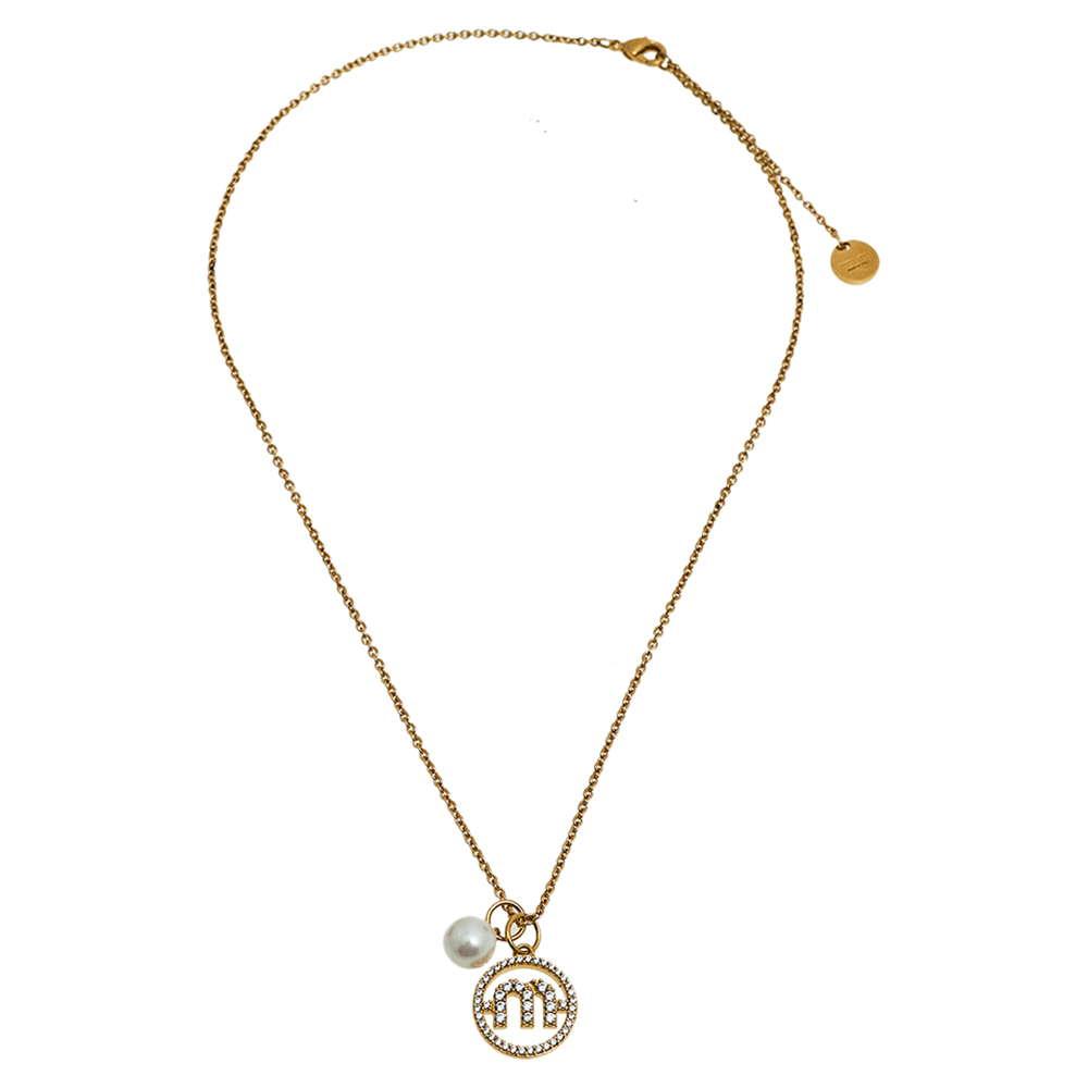 

Miu Miu Crystal Logo and Faux Pearl Gold Tone Metal Pendant Necklace