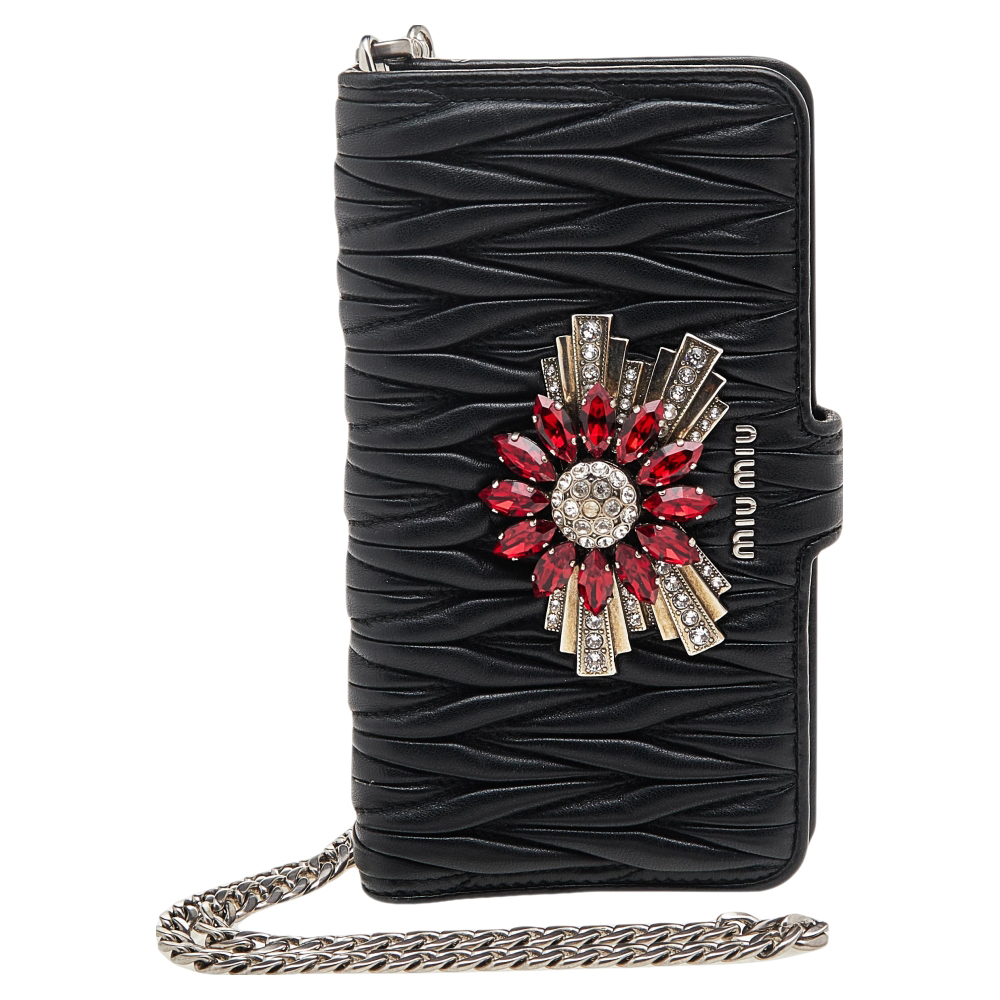 Pre-owned Miu Miu Black Matelasse Leather Flower Embellished Iphone 8 Plus Case