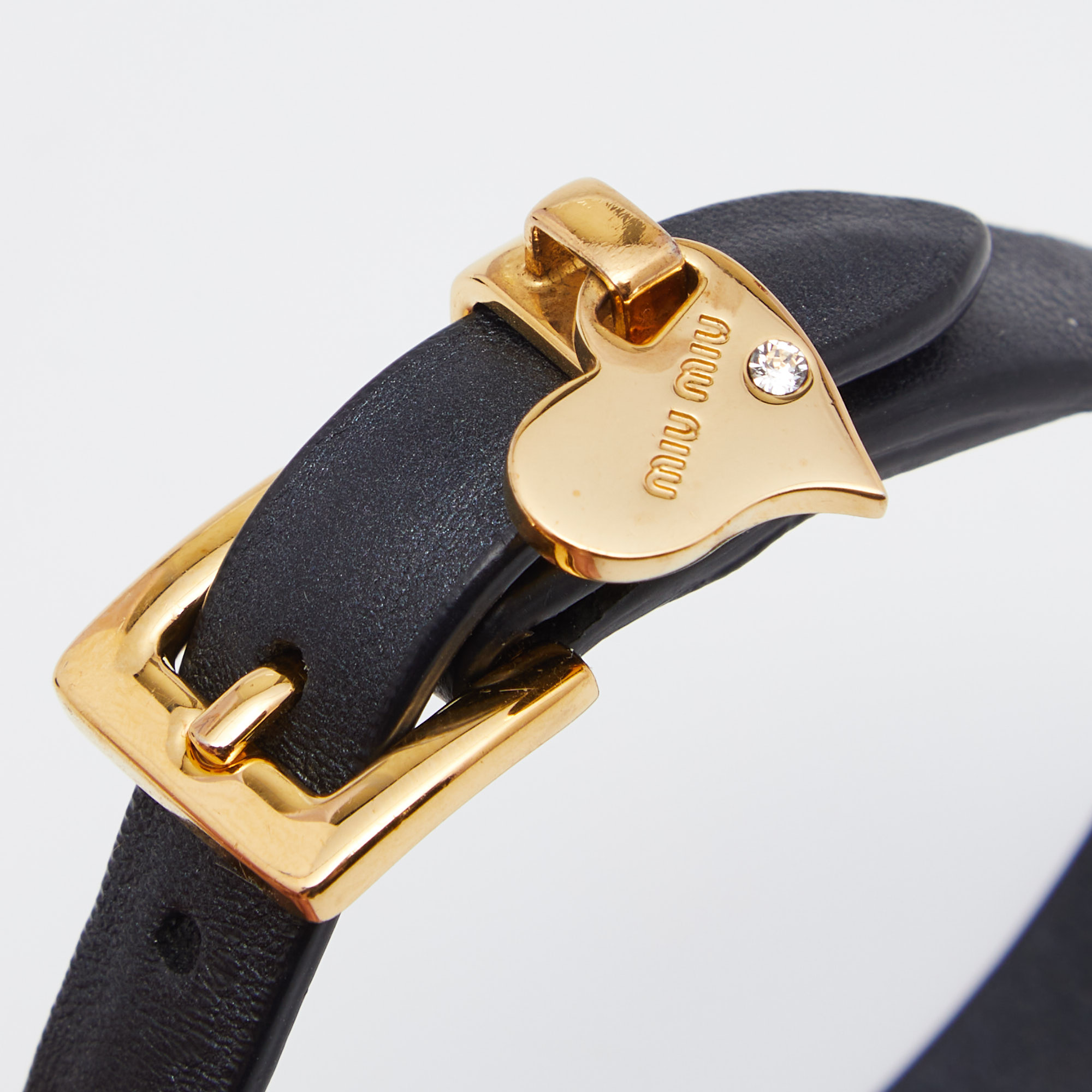 

Miu Miu Black Leather Crystal Gold Tone Metal Heart Charm Bracelet