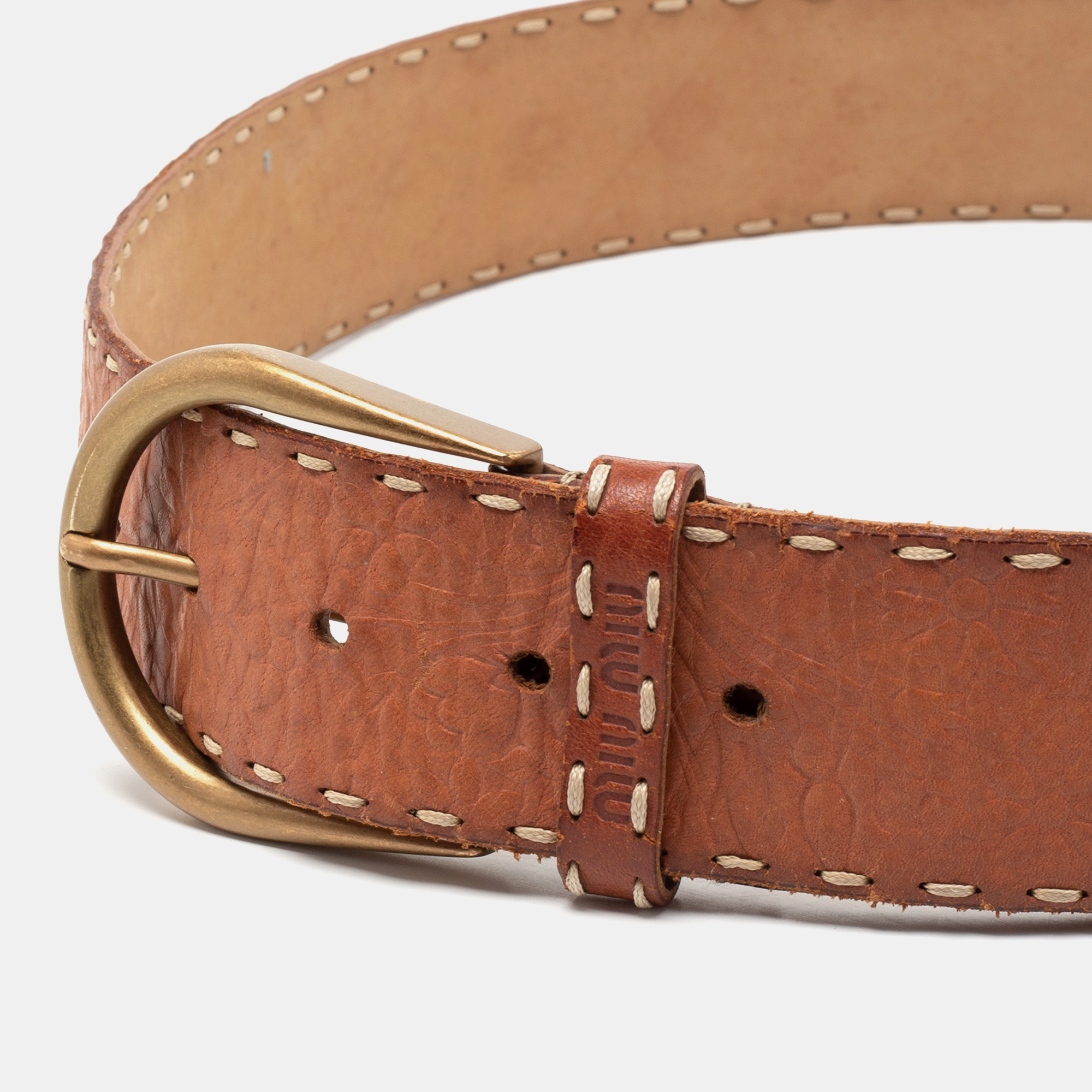 

Miu Miu Brown Floral Embossed Leather Buckle Belt