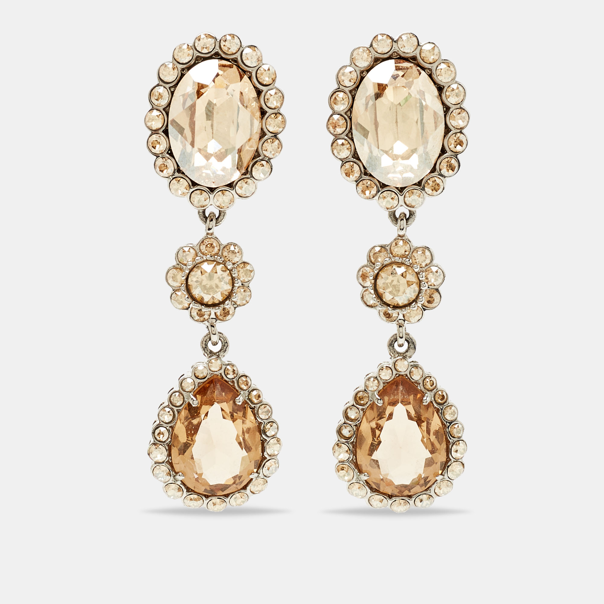 Pre-owned Miu Miu Silver Tone Crystal Drop Clip-on Earrings In Gold