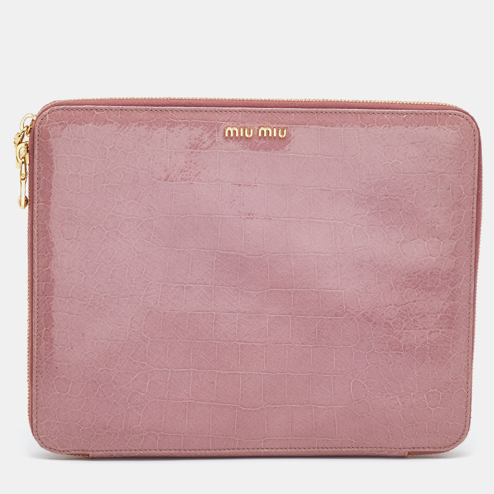 

Miu Miu Pink Croc Embossed Patent Leather Zip Around iPad Cover