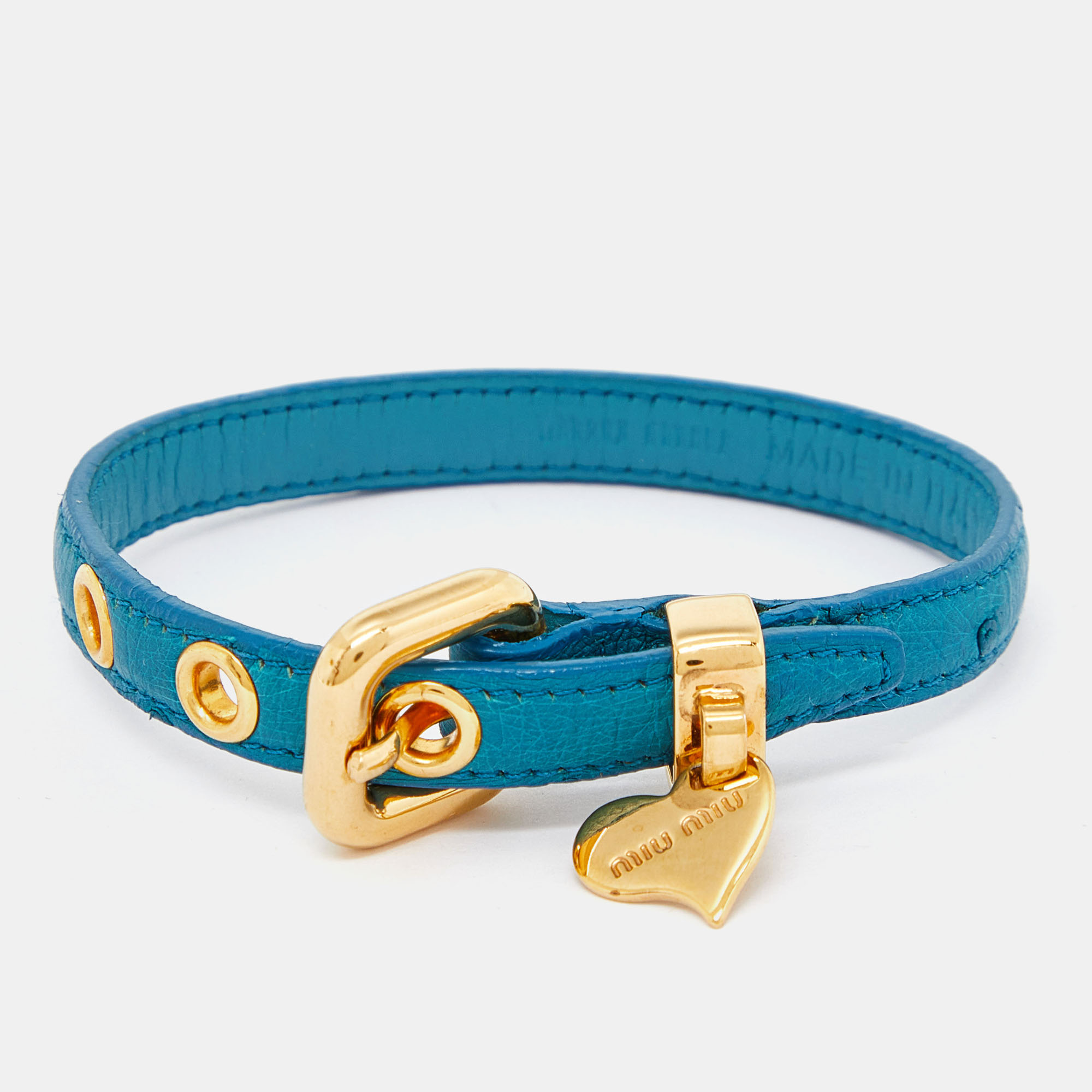 Pre-owned Miu Miu Blue Leather Gold Tone Heart Charm Bracelet