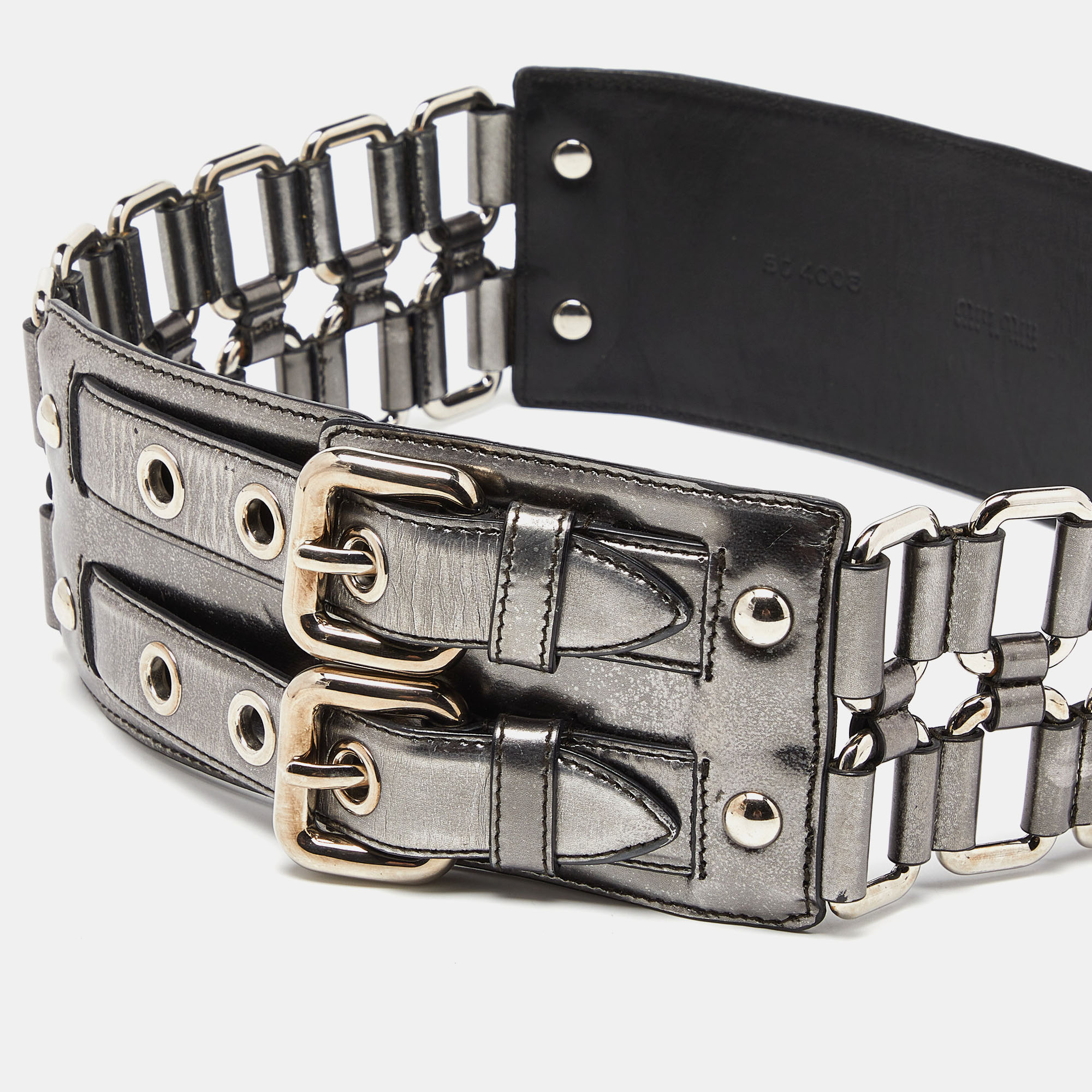 

Miu Miu Metallic Silver Leather Ring Wide Waist Belt