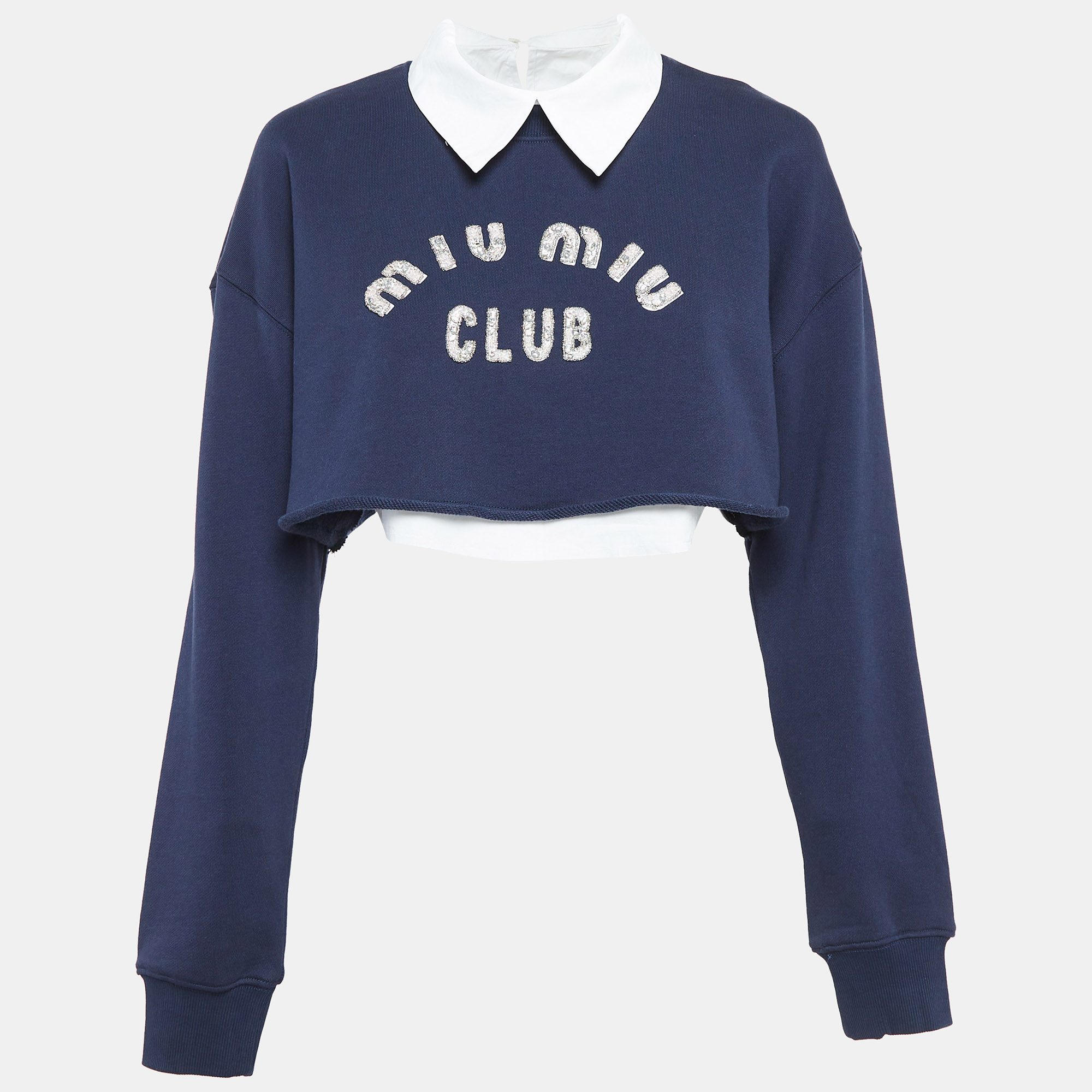 

Miu Miu Navy Blue Logo Embellished Knit Layered Crop Sweatshirt XS