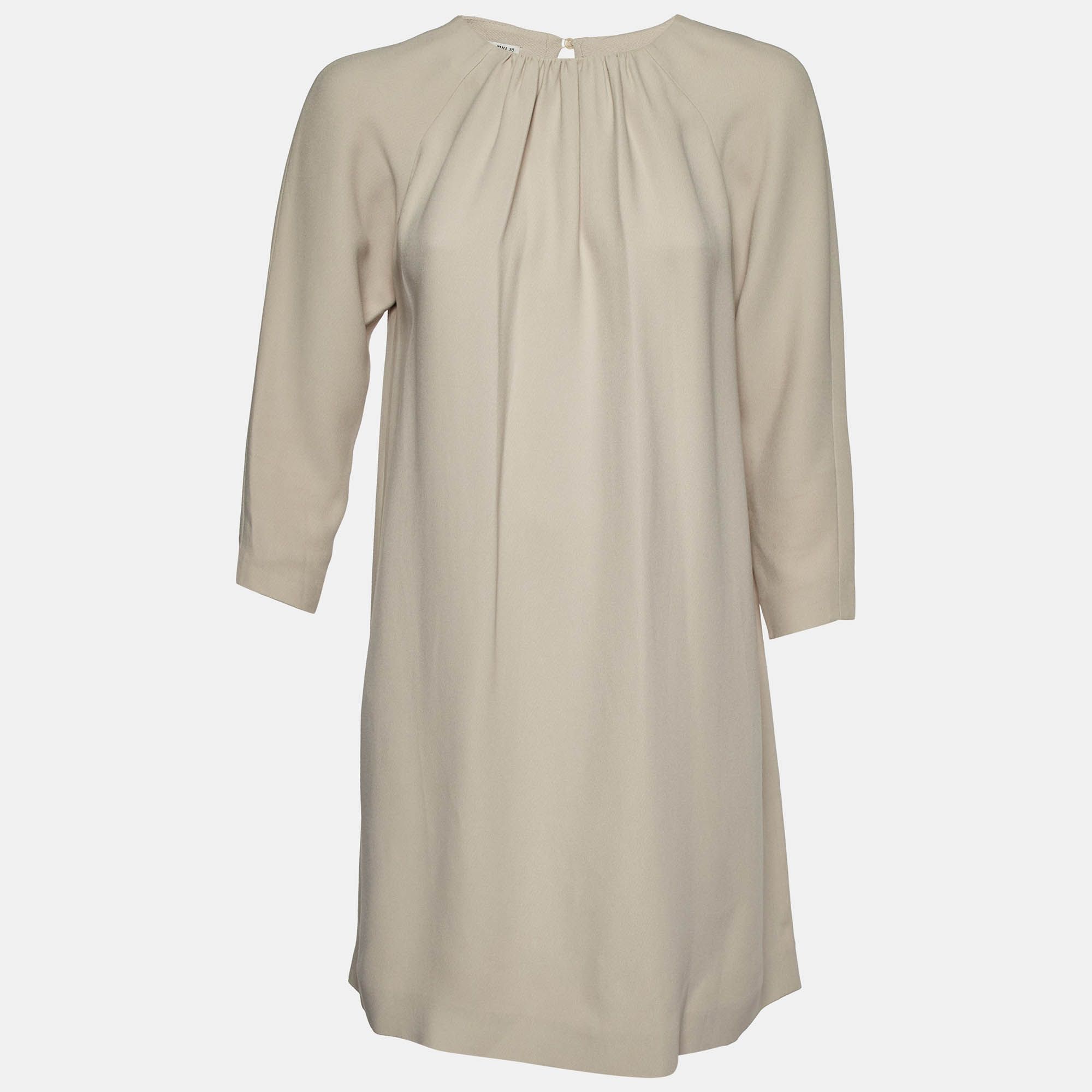 

Miu Miu Beige Crepe Gathered Neckline Shift Dress S