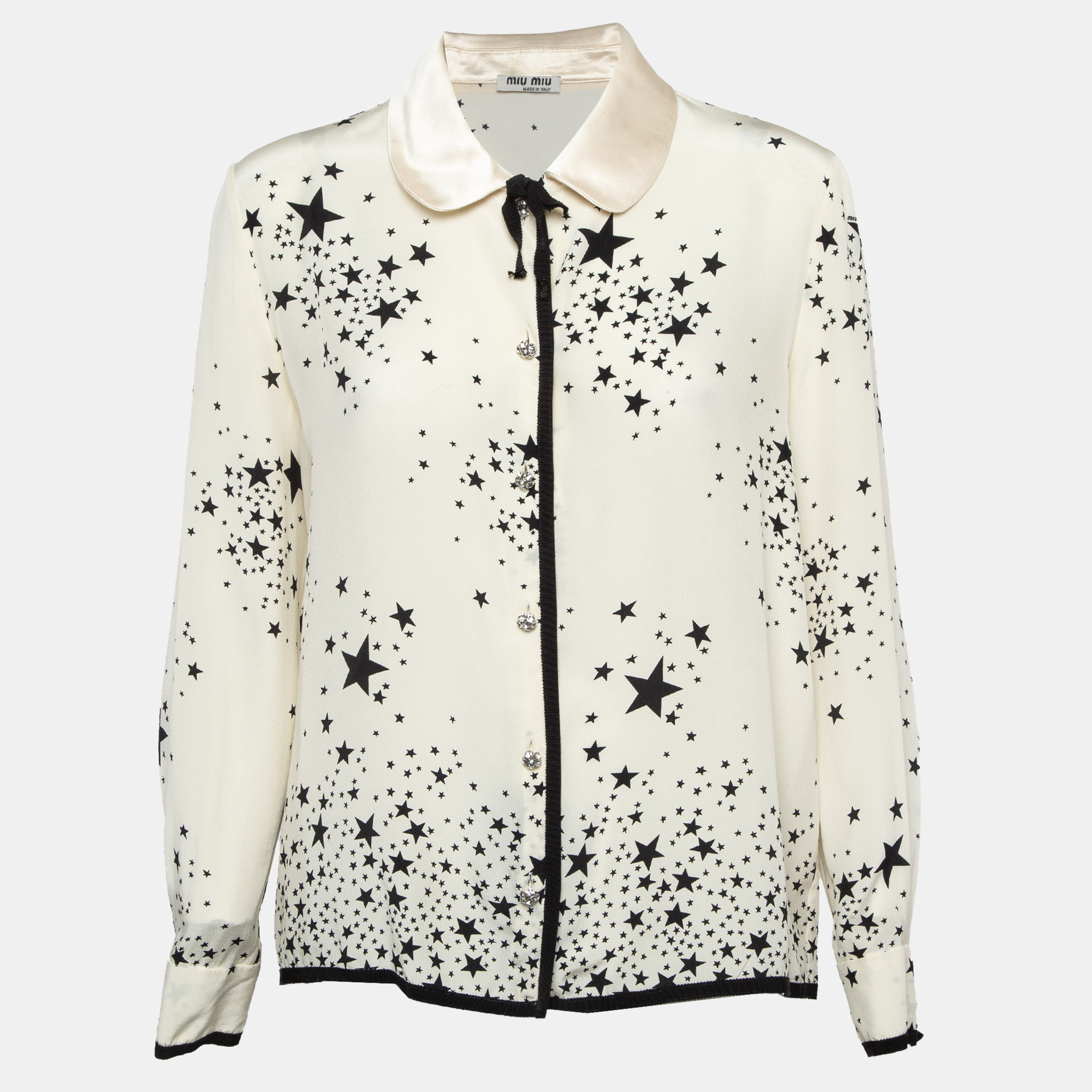 Pre-owned Miu Miu Off-white Stars Print Silk Embellished Closure Shirt L