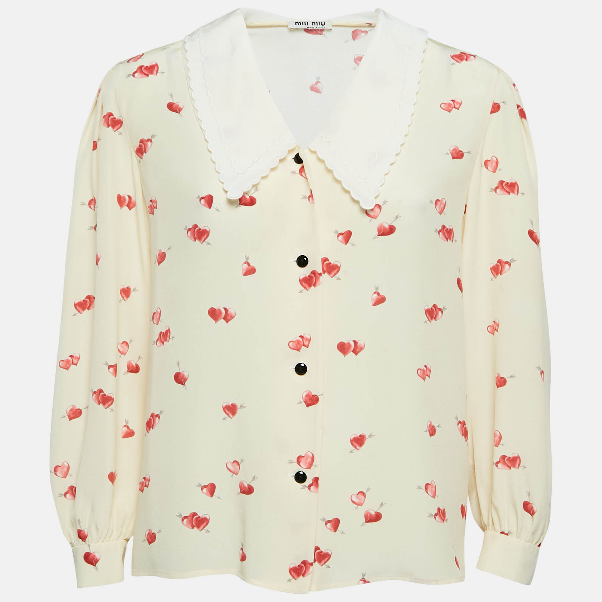 

Miu Miu Yellow Heart Print Silk Scallop Trim Collar Shirt S