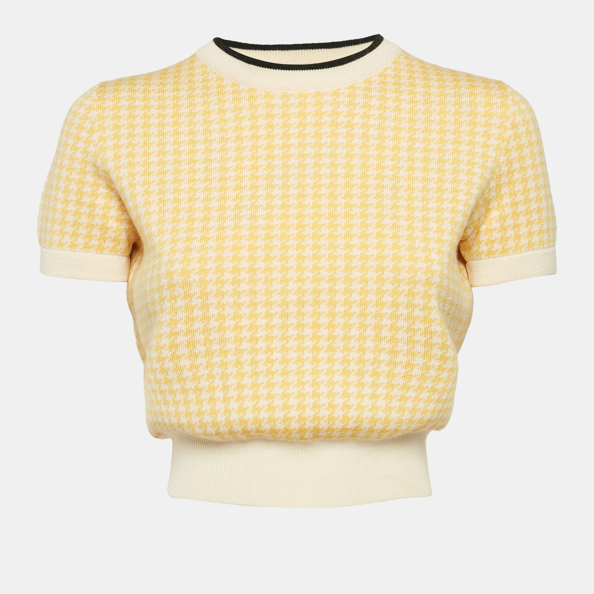 

Miu Miu Yellow Houndstooth Knit Crew Neck Top S