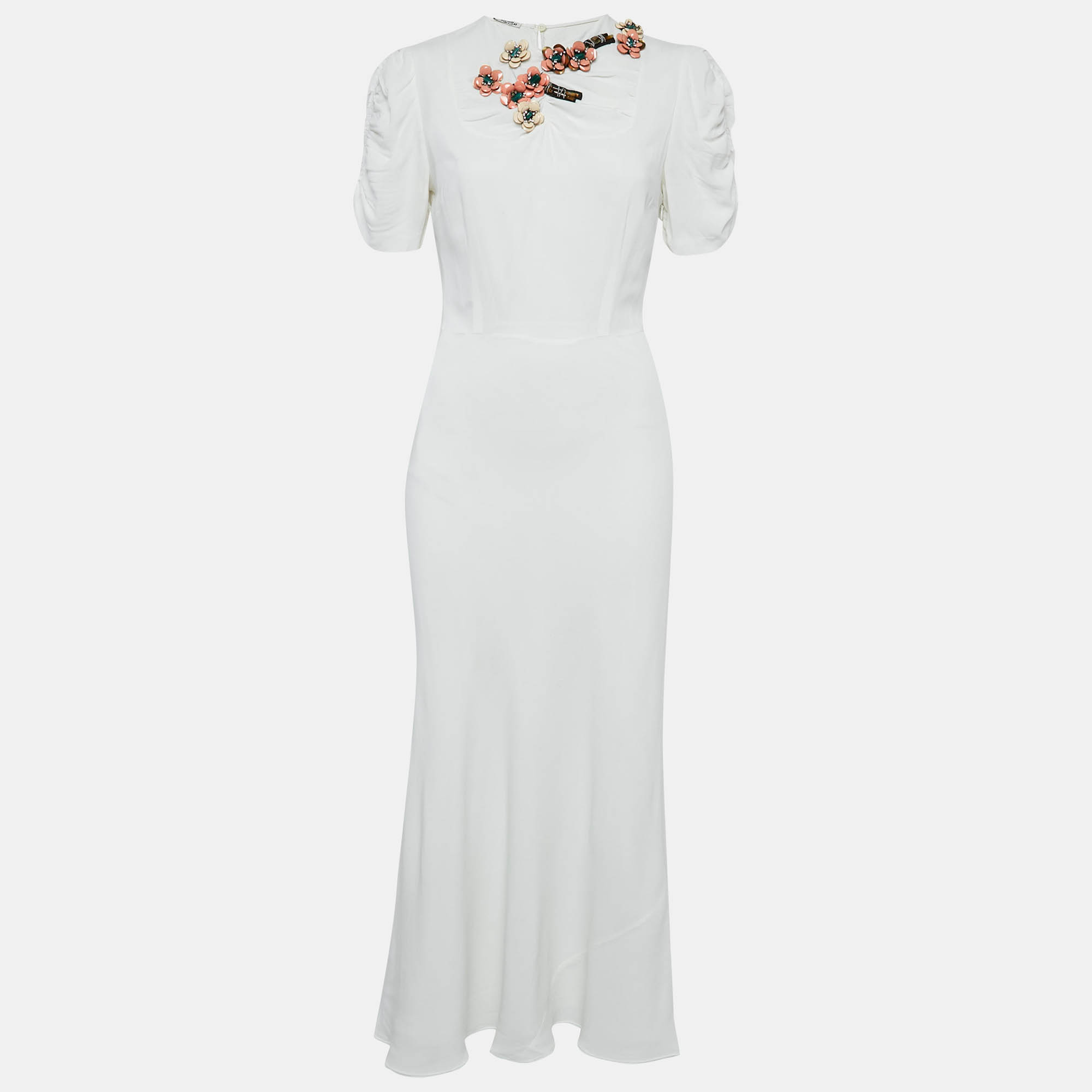 

Miu Miu White Floral Embellished Crepe Ruched Maxi Dress S