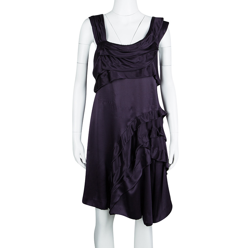

Miu Miu Deep Purple Silk Ruffle Detail Sleeveless Dress