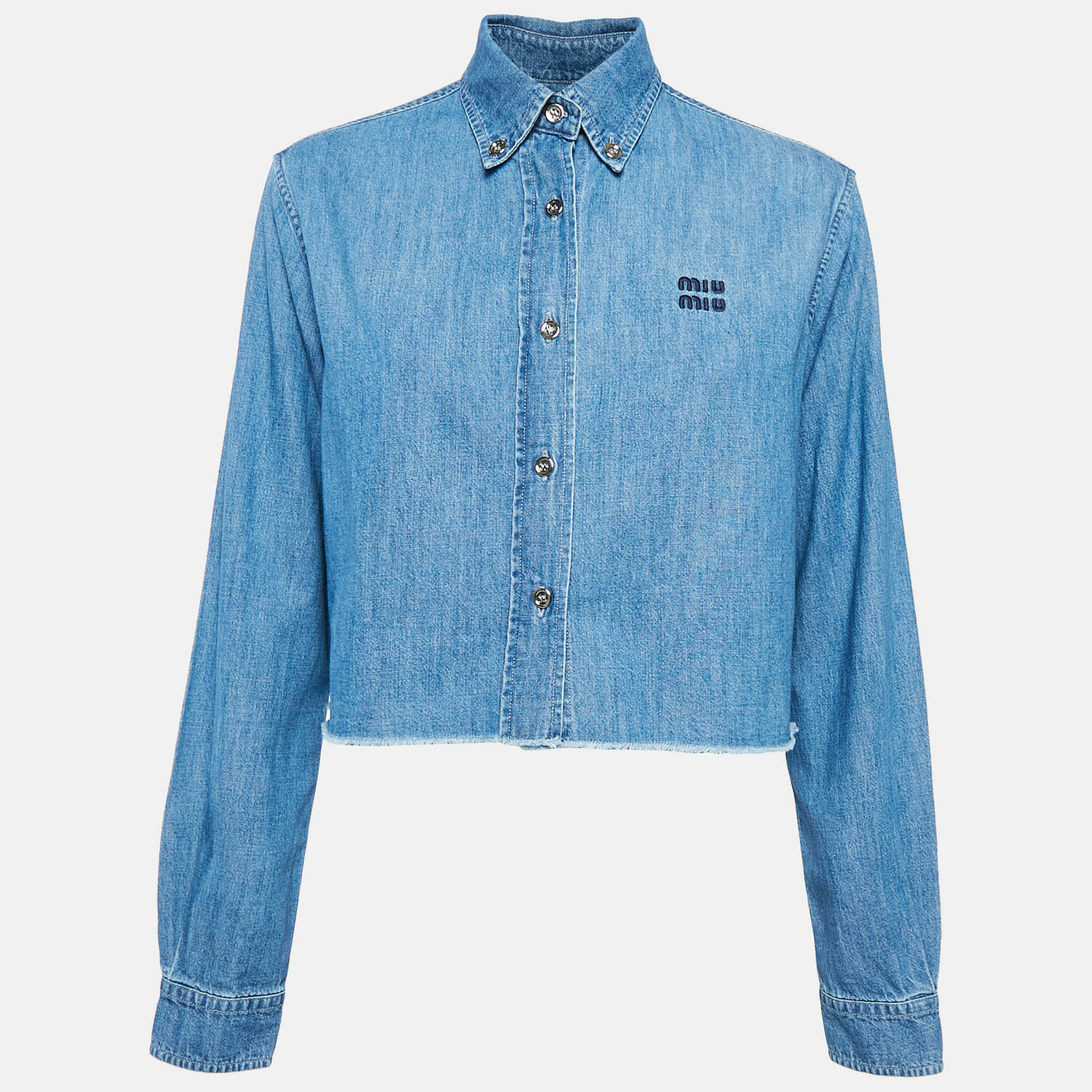 

Miu Miu Blue Logo Embroidered Chambray Raw-Edge Boxy Fit Shirt XS