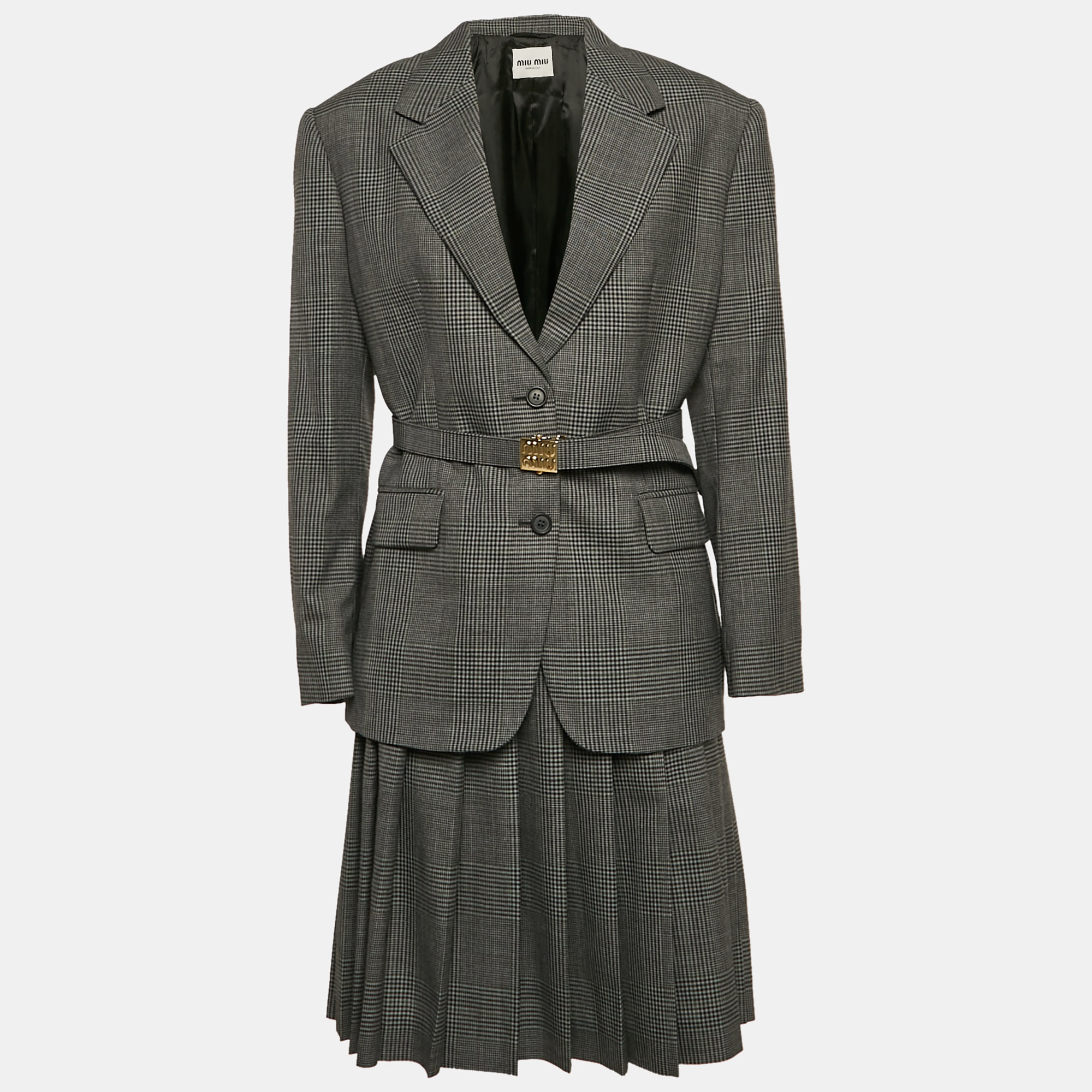 

Miu Miu Antracite Grey Prince Of Wales Check Wool Belted Blazer and Skirt Set XS/M