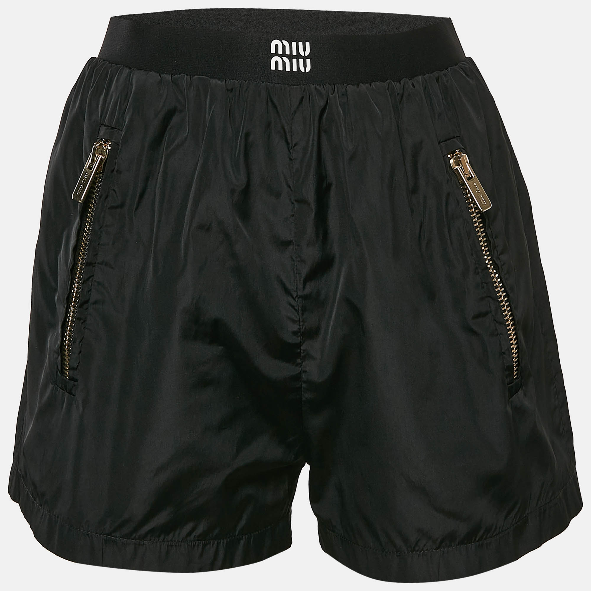 

Miu Miu Black Logo-Print Technical Silk Shorts XS