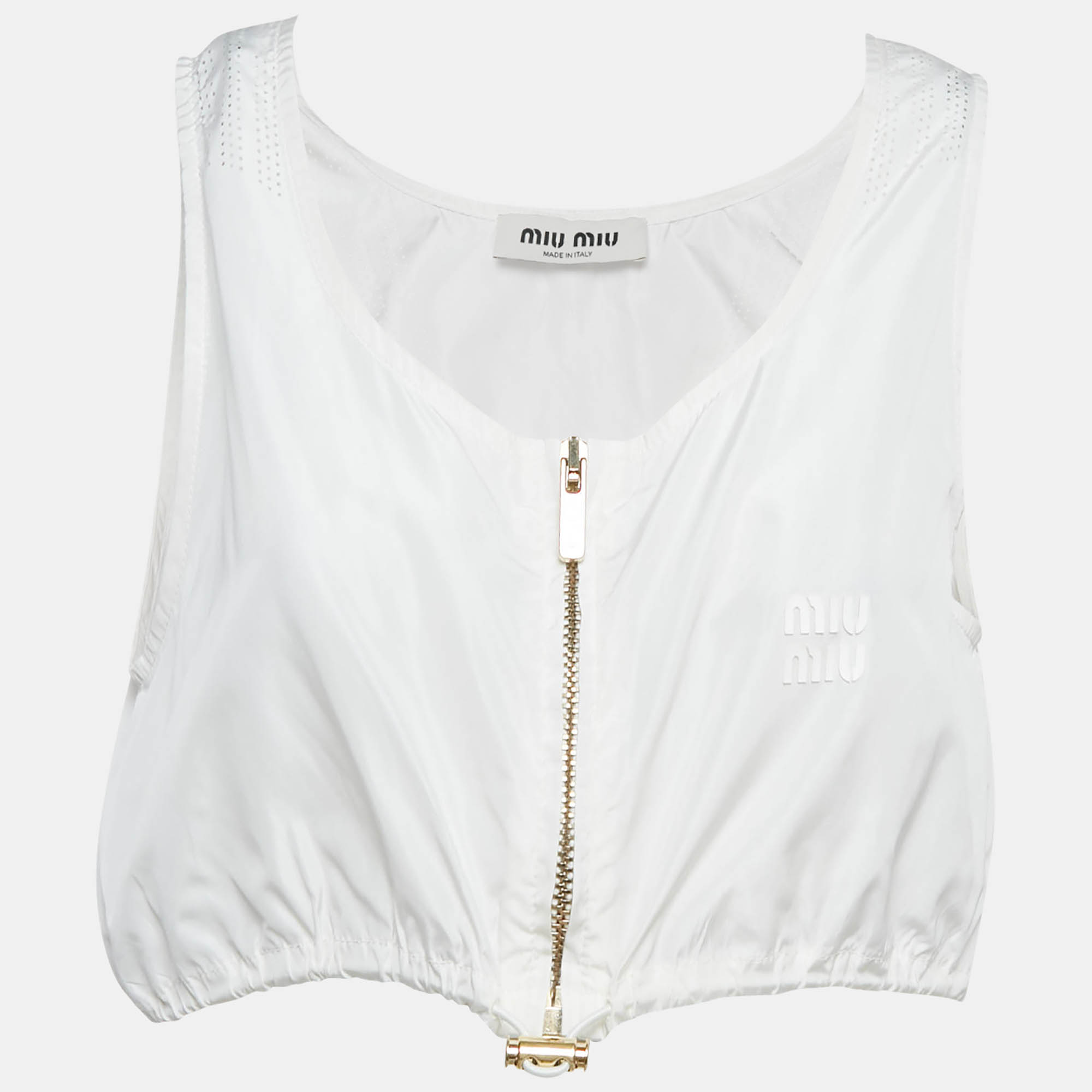 

Miu Miu White Technical Silk Perforated Detail Crop Top XS