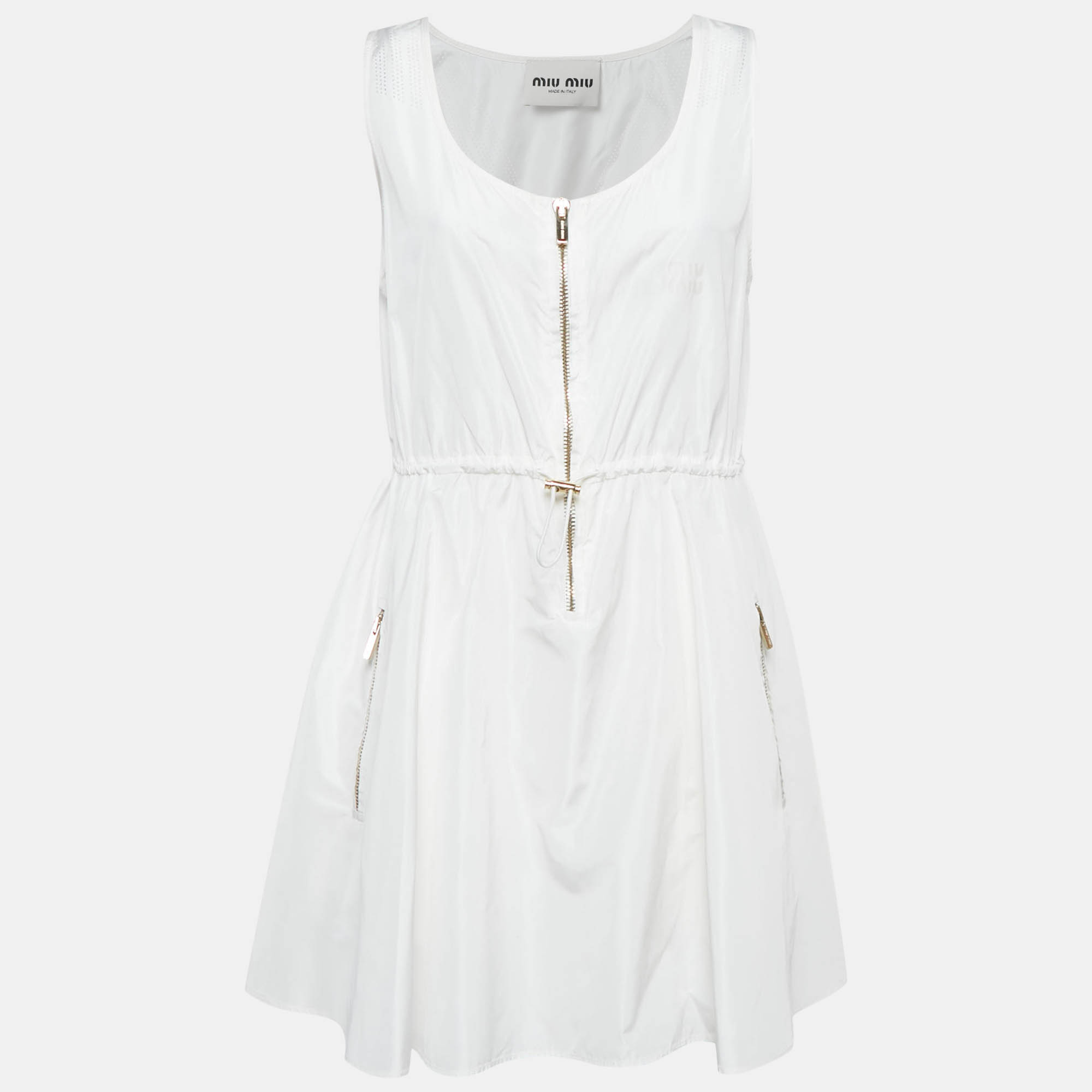 

Miu Miu White Technical Silk Perforated Detail Sleeveless Mini Dress XS