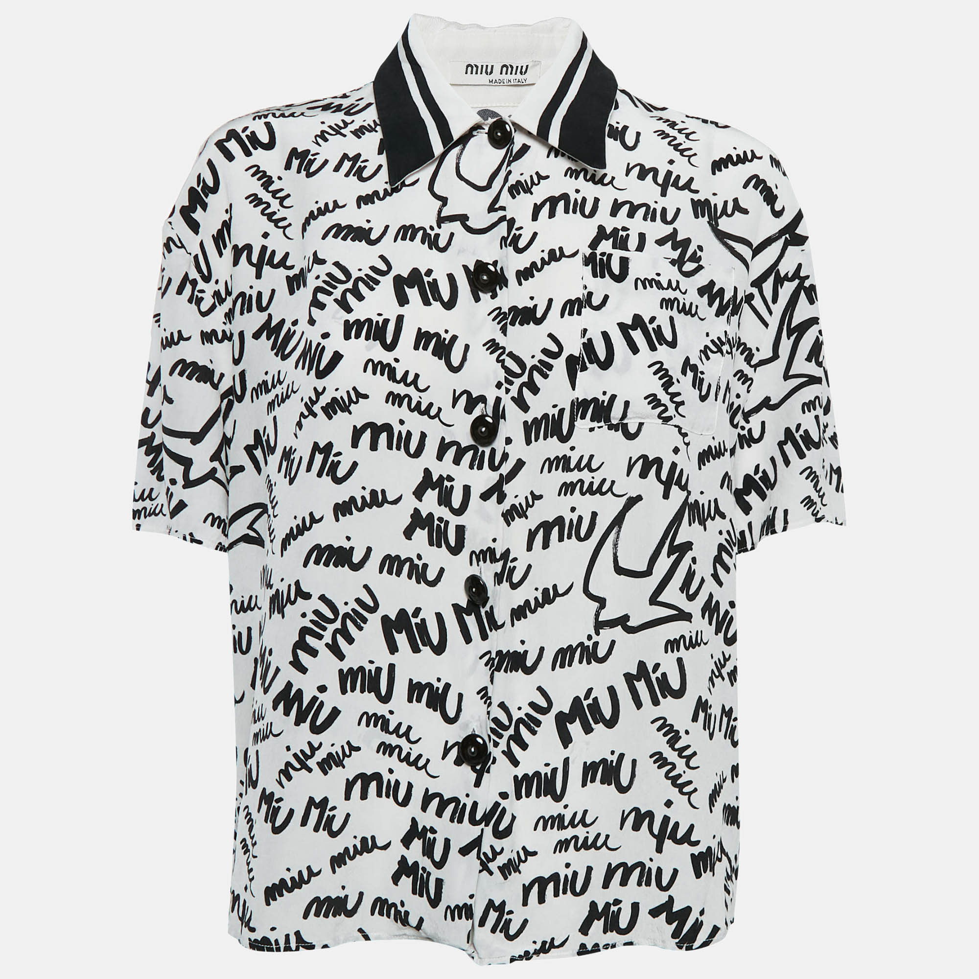 

Miu Miu White/Black All Over print Silk Half Sleeve Shirt L