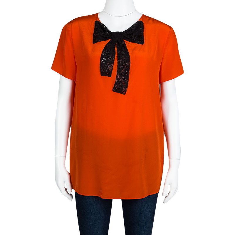 

Miu Miu Orange Silk Contrast Lace Bow Detail Short Sleeve Top