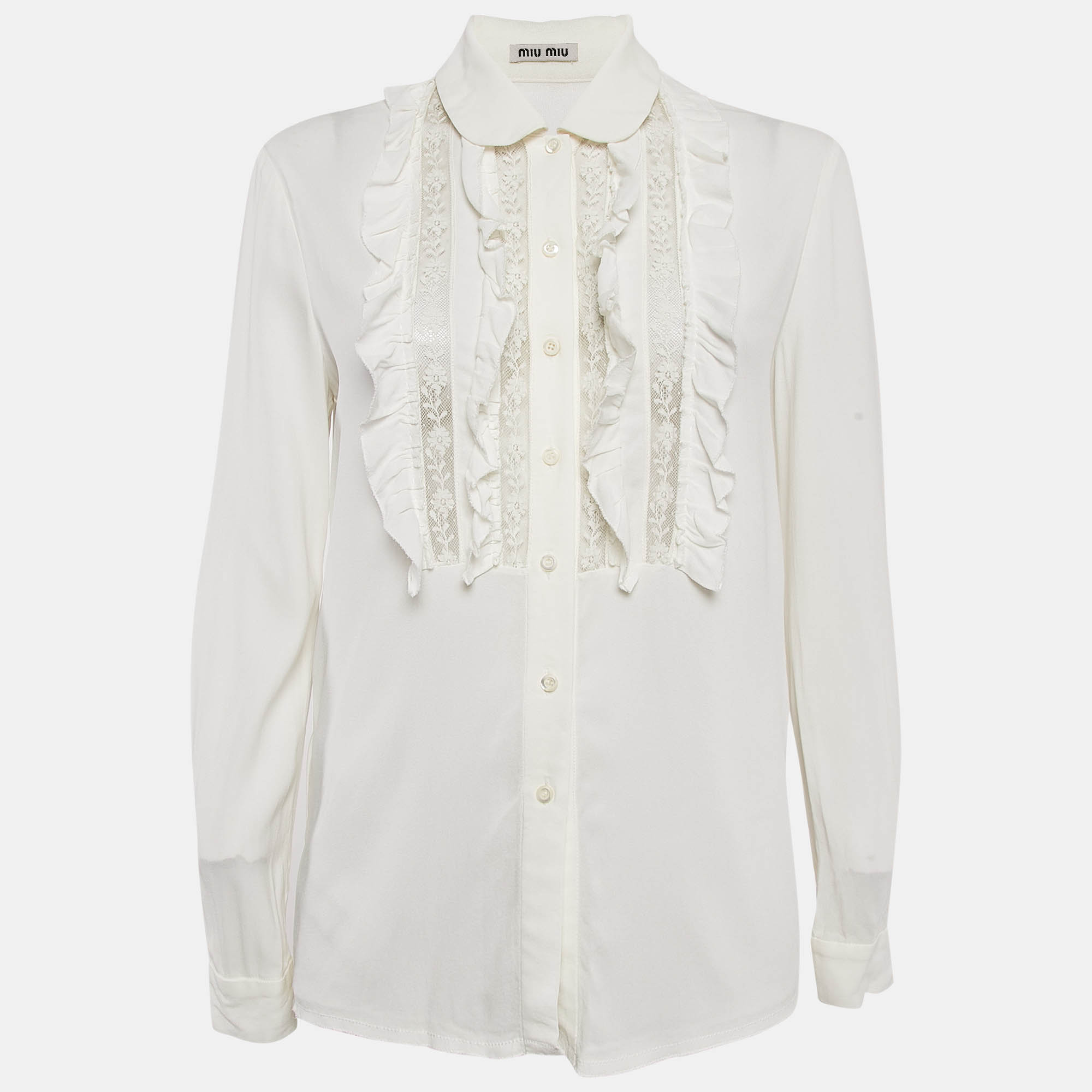 

Miu Miu White Crepe Ruffled Lace Trim Detail Blouse S