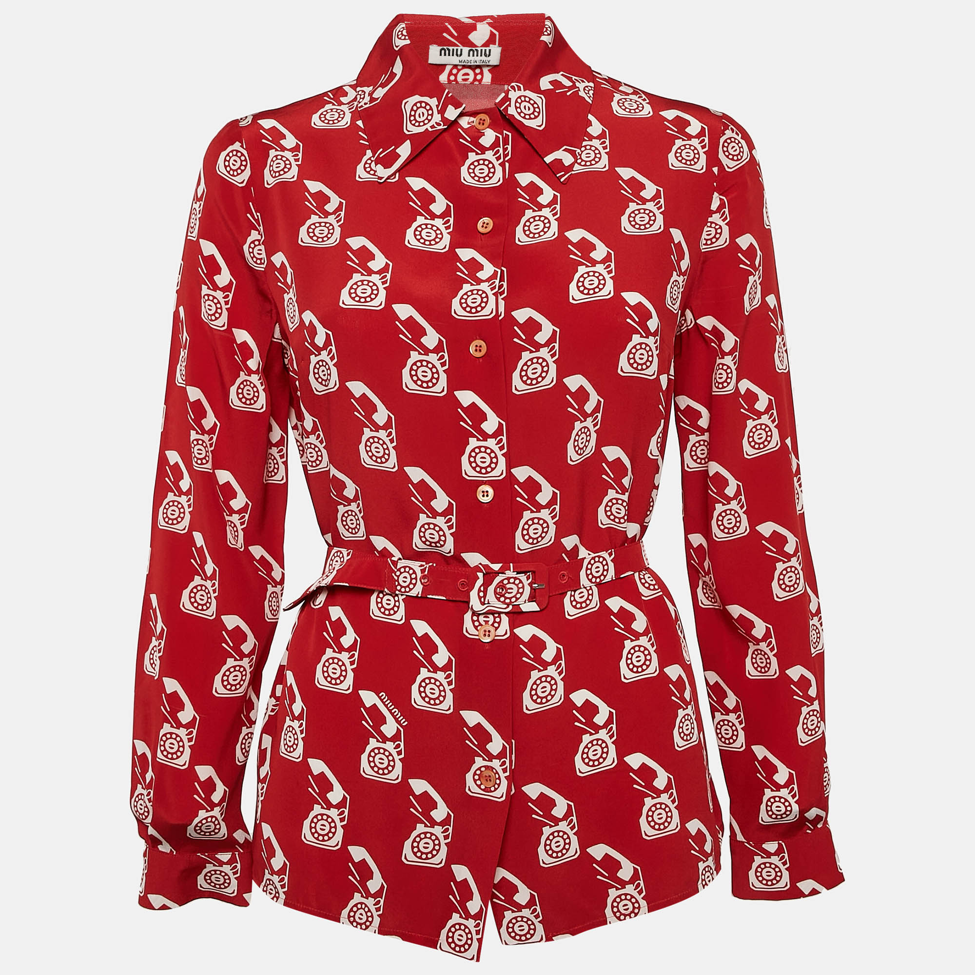 

Miu Miu Red Telephone Print Silk Belted Shirt S