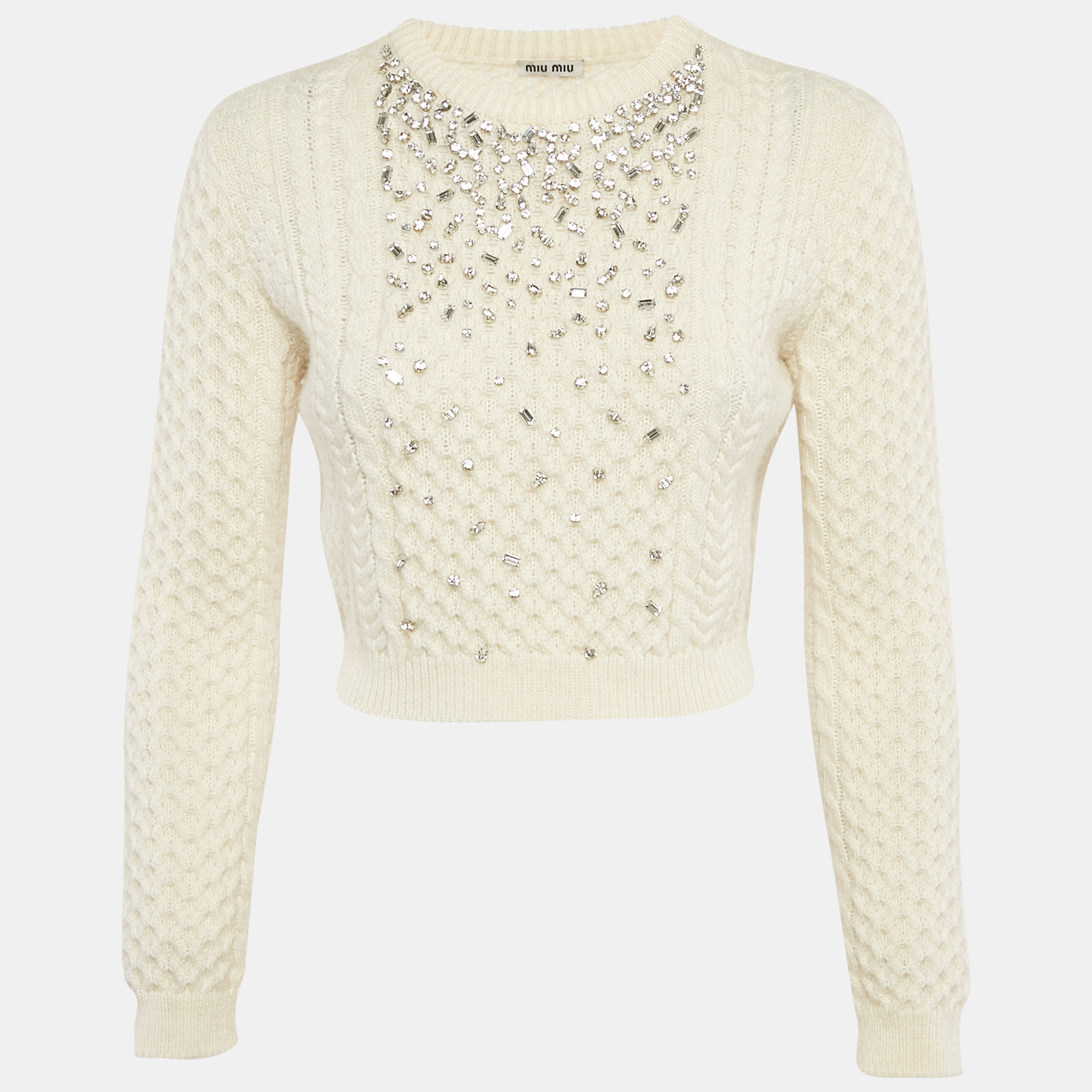 

Miu Miu Cream Crystal Embellished Cable Knit Sweater S