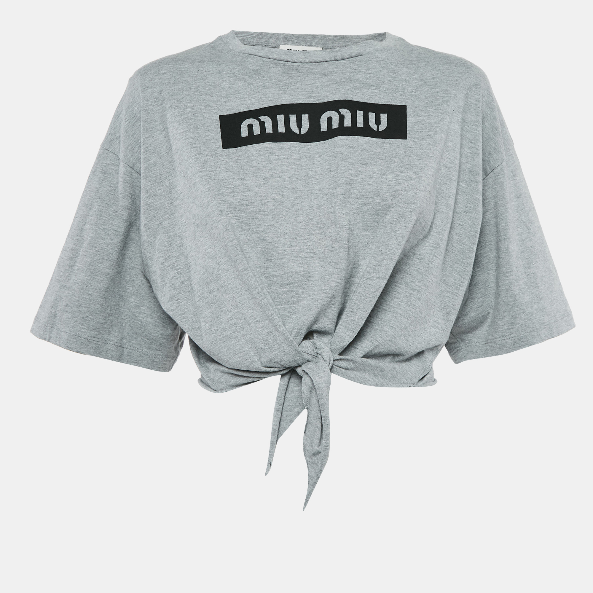 

Miu Miu Grey Logo Print Cotton Knotted Crop Top M, Burgundy