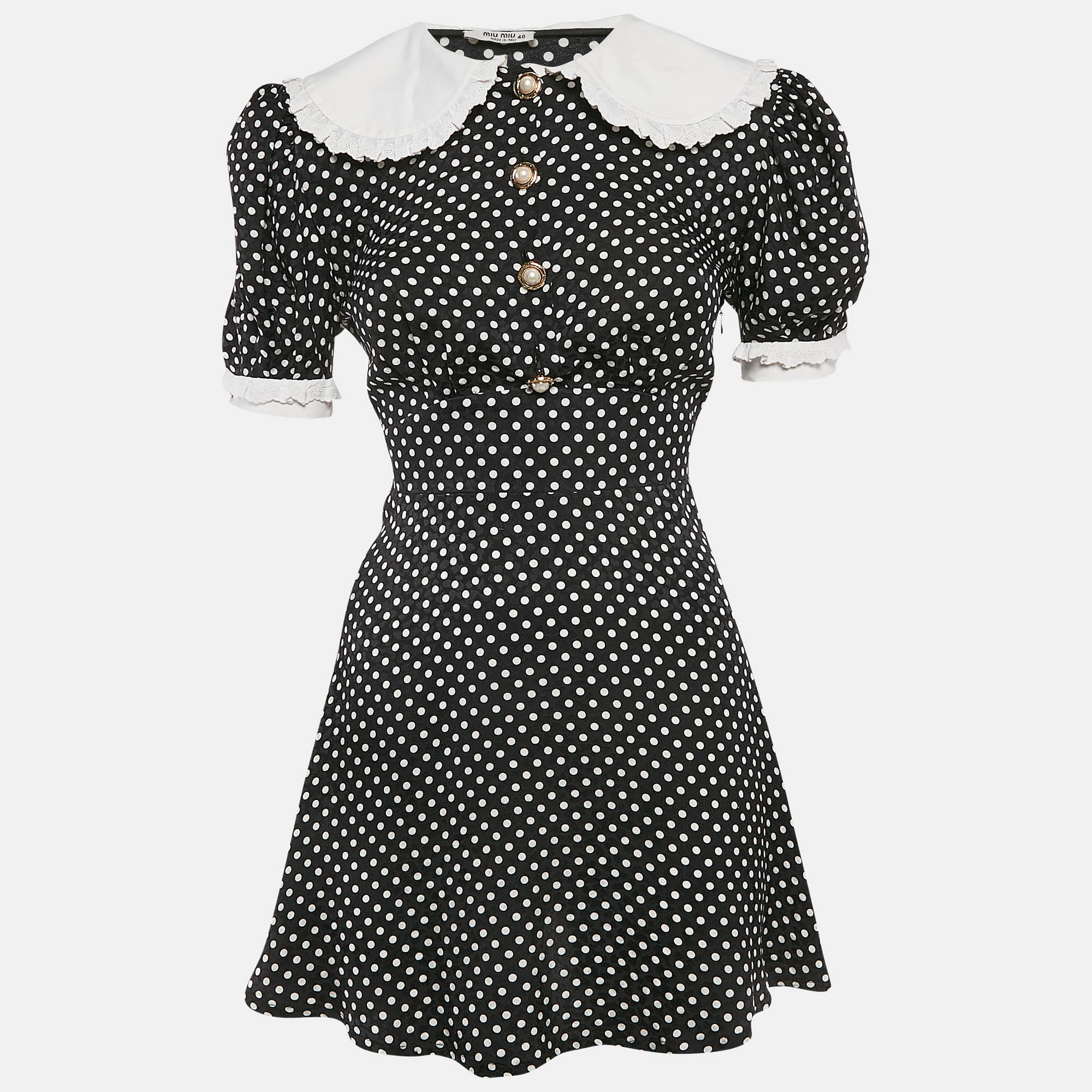 

Miu Miu Black Polka Dots Print Satin Peter Pan Collar Mini Dress XS