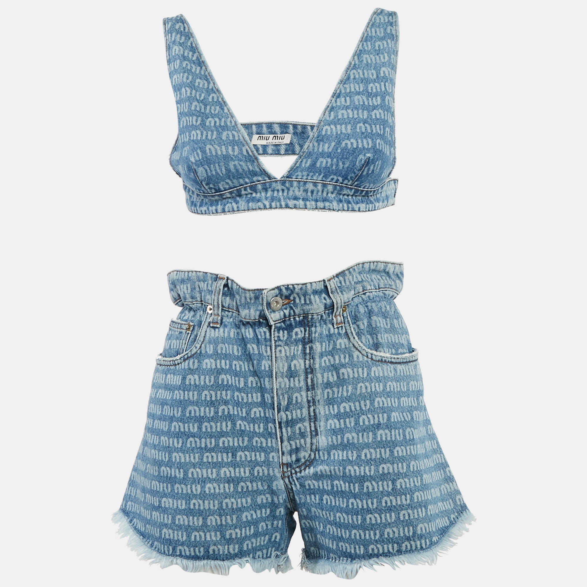 

Miu Miu Blue Logo Print Denim Shorts and Top Set S