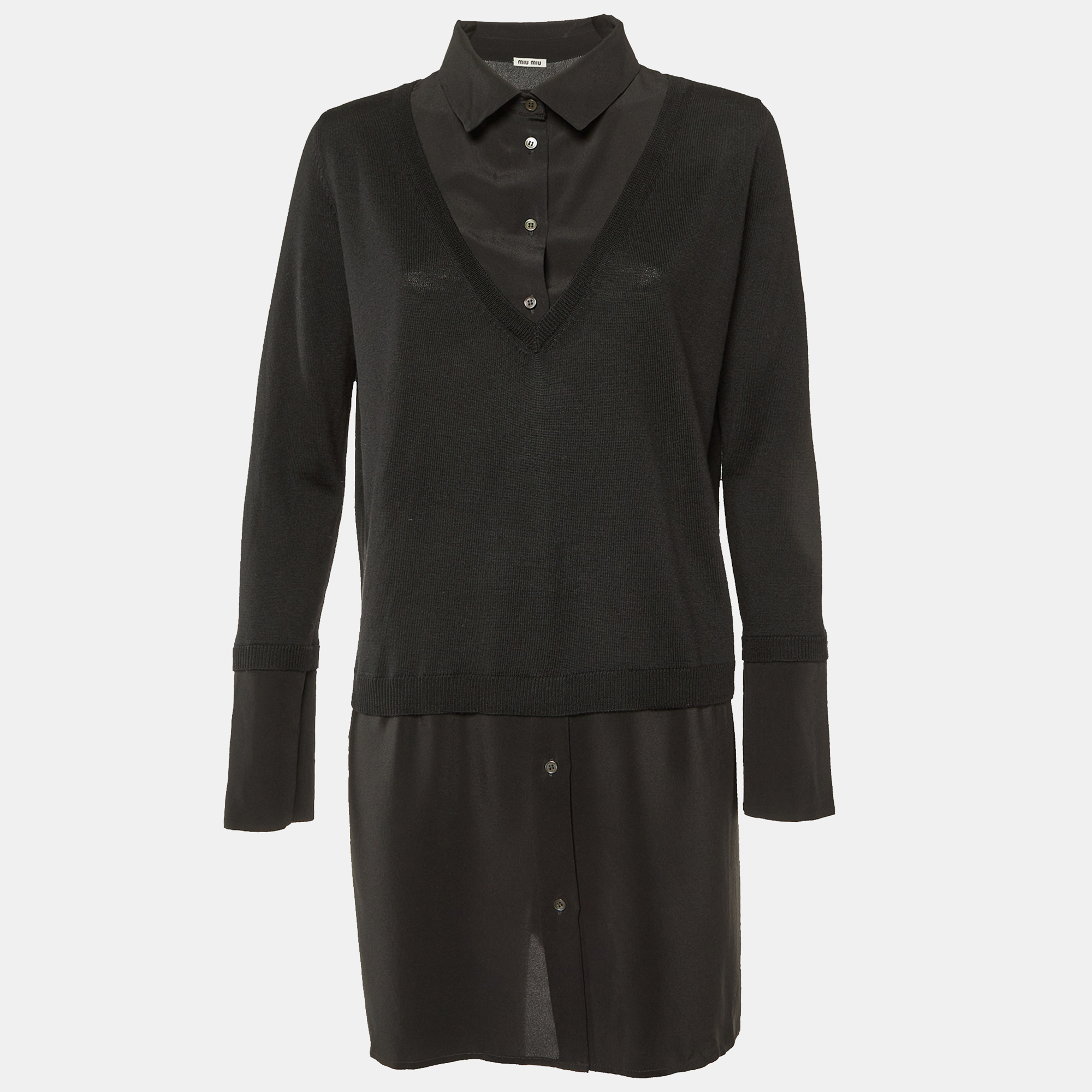 

Miu Miu Black Wool Knit & Silk Long Sleeve Dress L