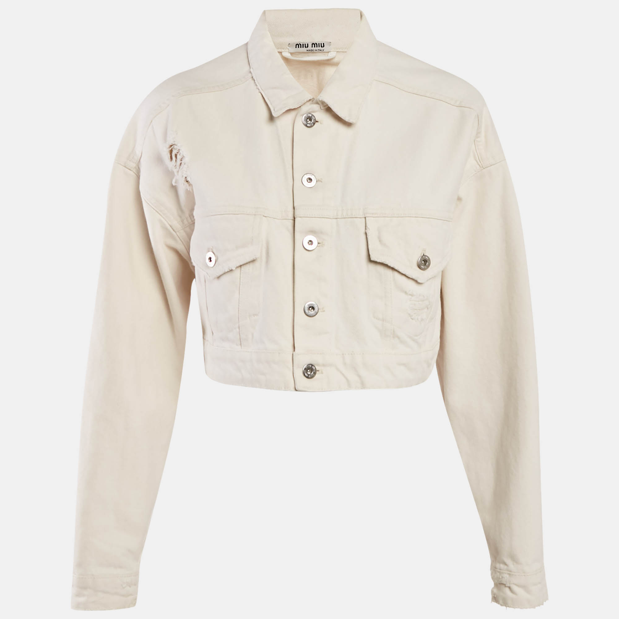 

Miu Miu Off-White Distressed Denim Button Front Cropped Jacket XS