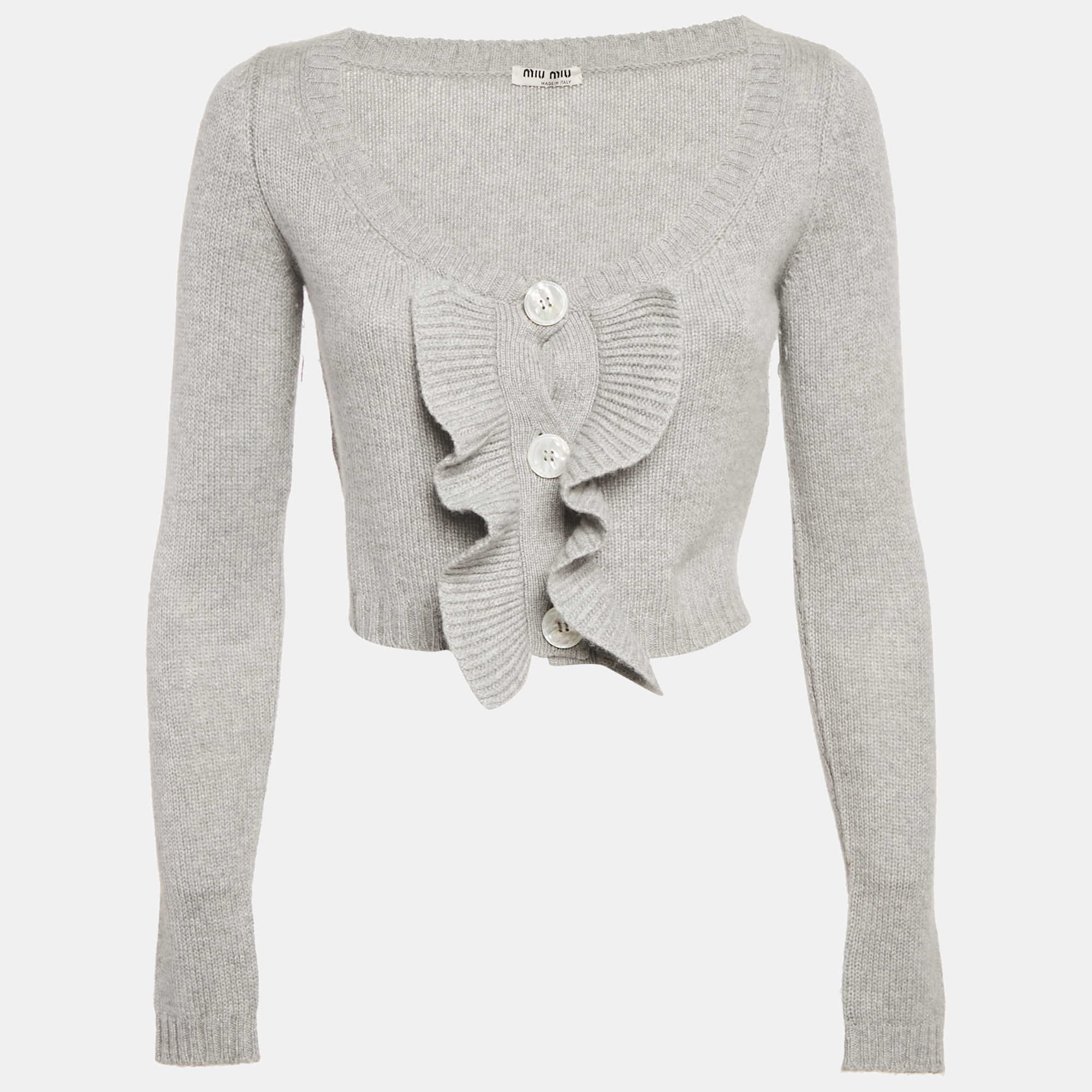 

Miu Miu Grey Rib Knit Ruffled Crop Cardigan S