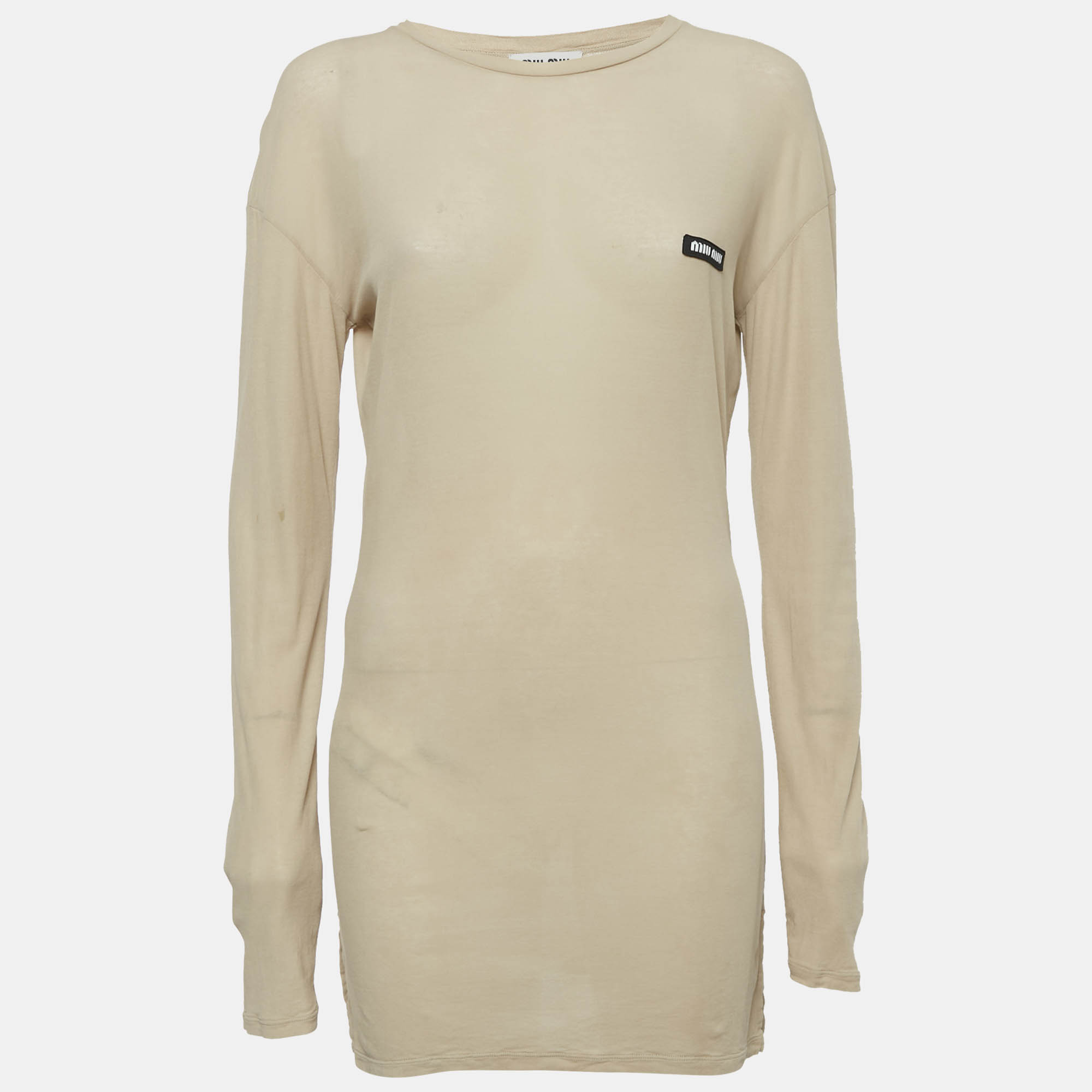

Miu Miu Beige Cotton Knit Logo-Patch Mini Dress XS