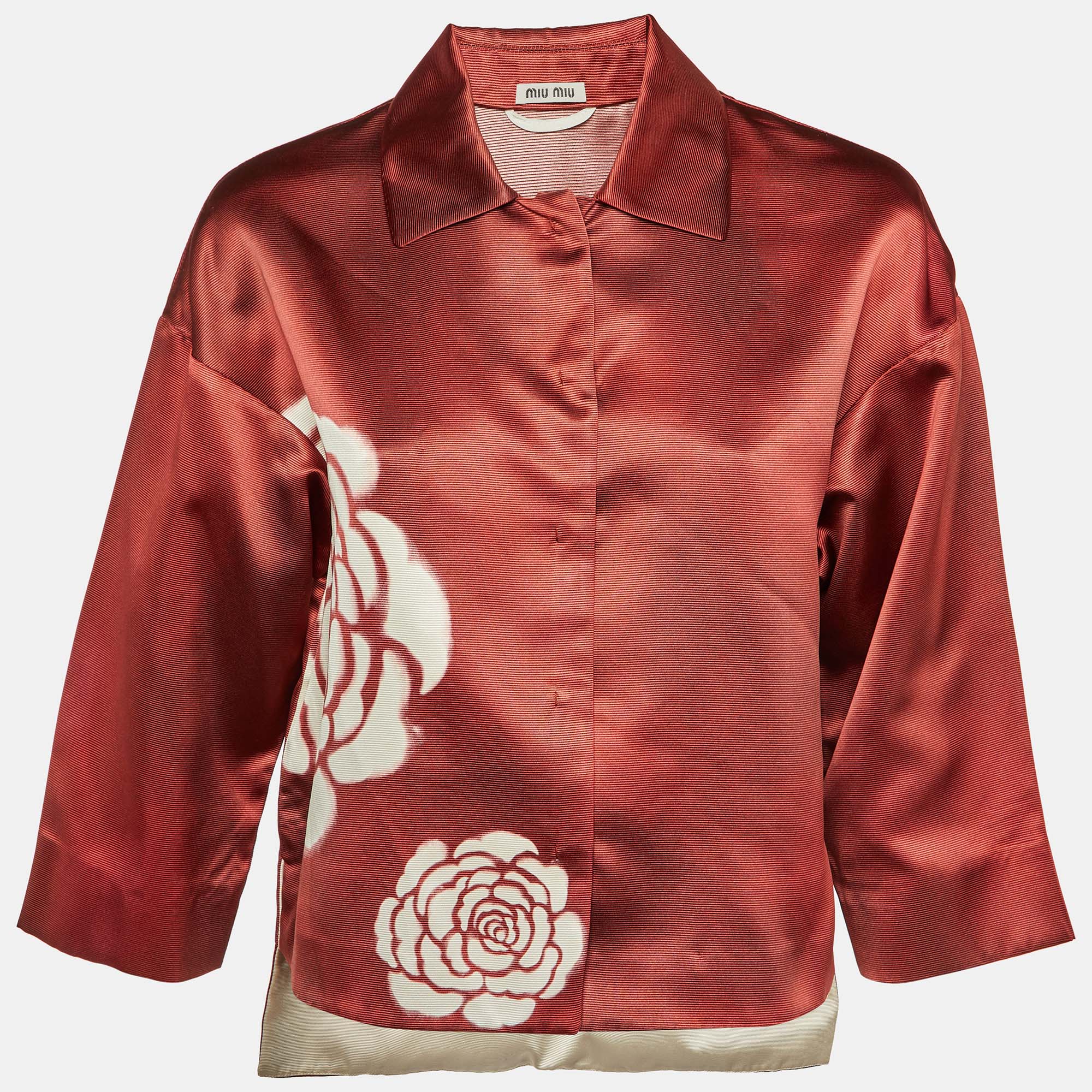 

Miu Miu Burgundy Floral Printed Silk Oversized Shirt S
