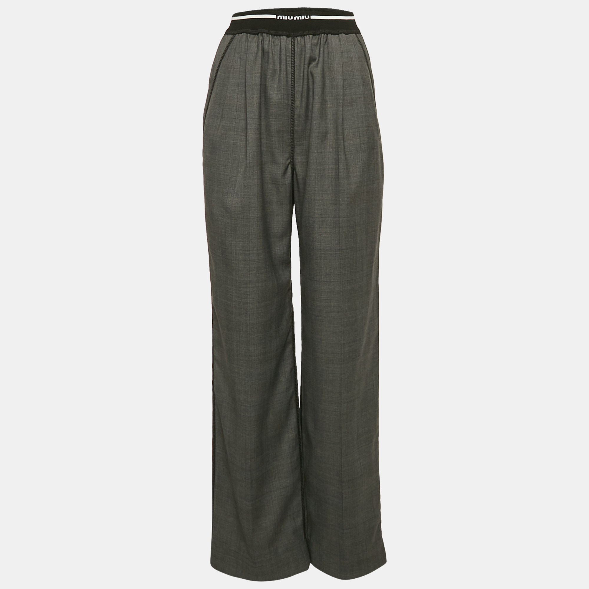 Pre-owned Miu Miu Grey Logo Ribbed Waistband Wool Trousers S In Gray