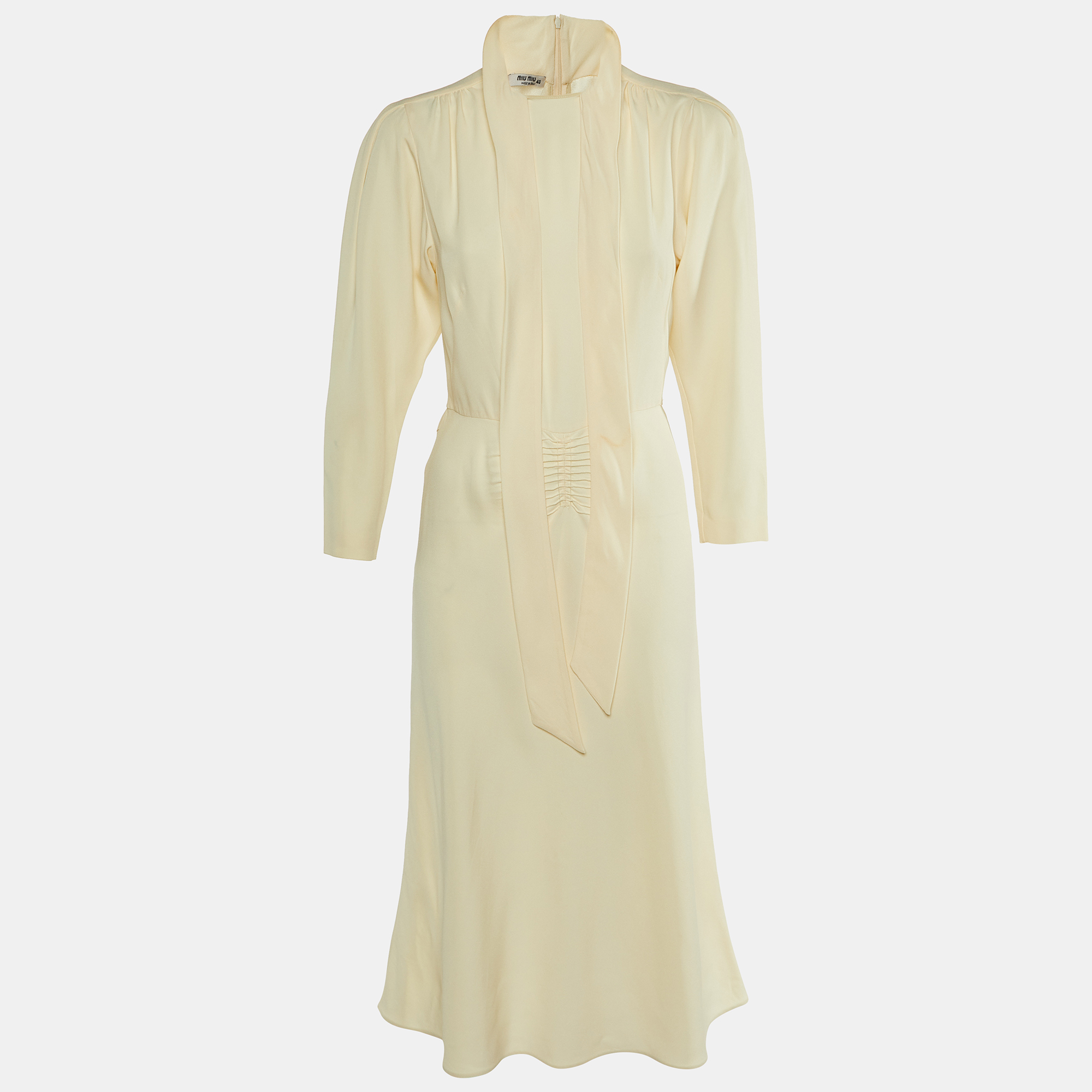 

Miu Miu Cream Crepe Neck Tie Detail Midi Dress M