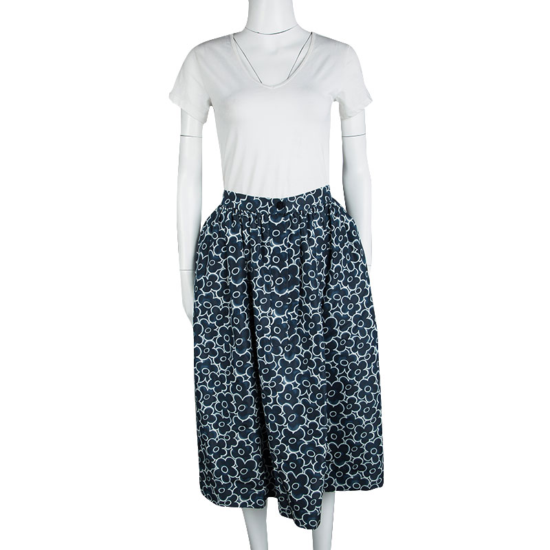 Pre-owned Miu Miu Blue Floral Printed Silk Gathered High Waist Midi Skirt S