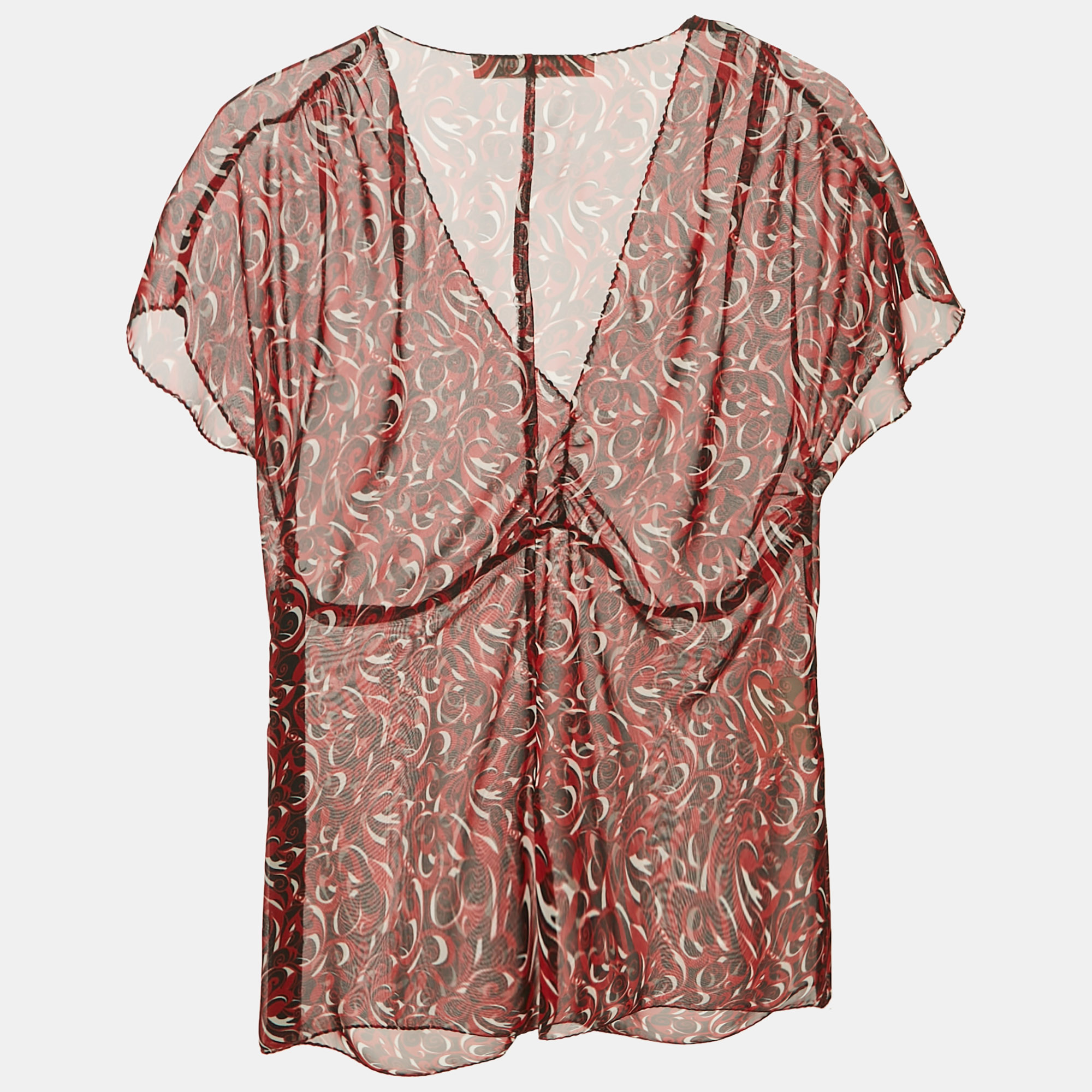 

Miu Miu Vintage Red Printed Chiffon Ruche Top M